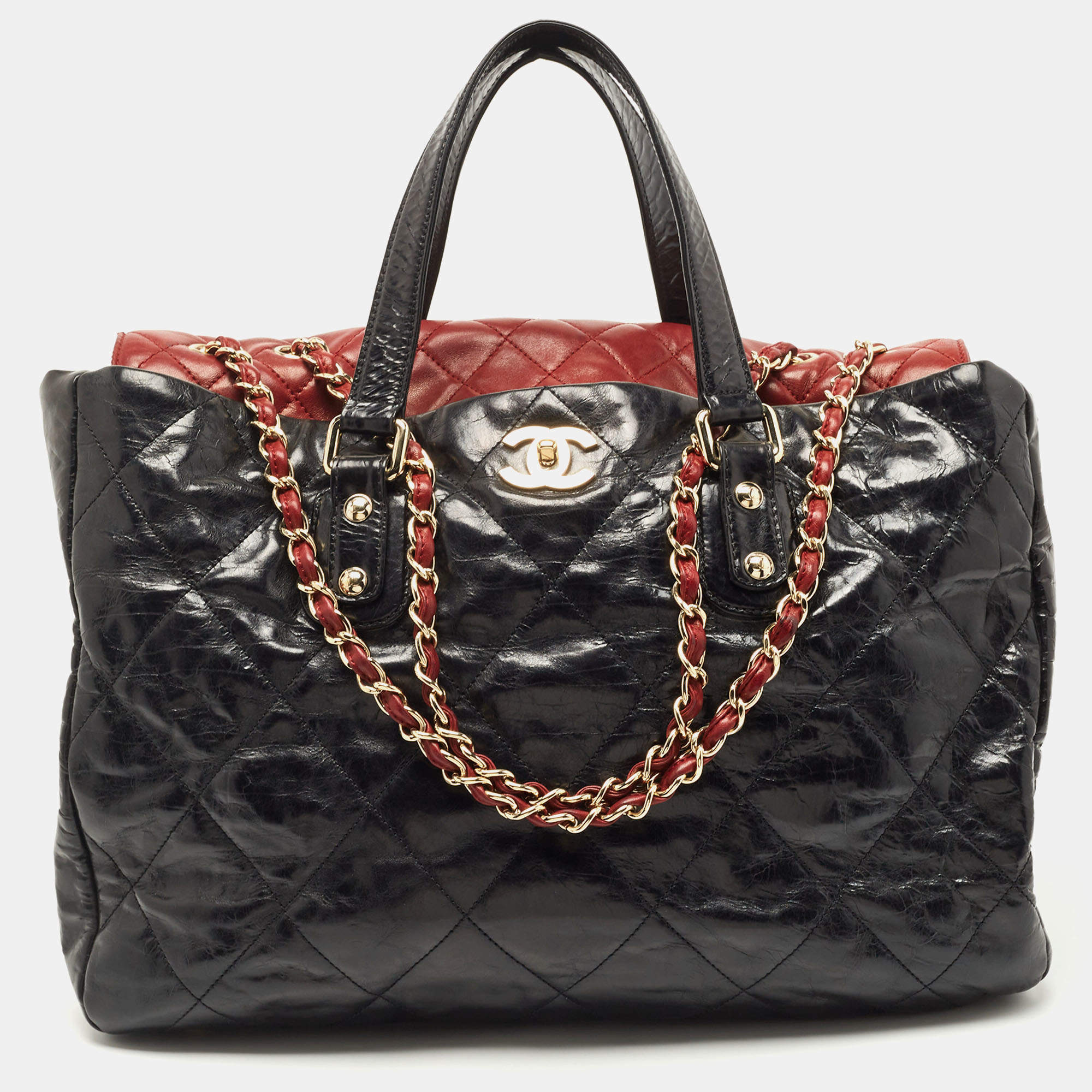 Chanel Black/Red Quilted Glazed Leather Large Portobello Tote