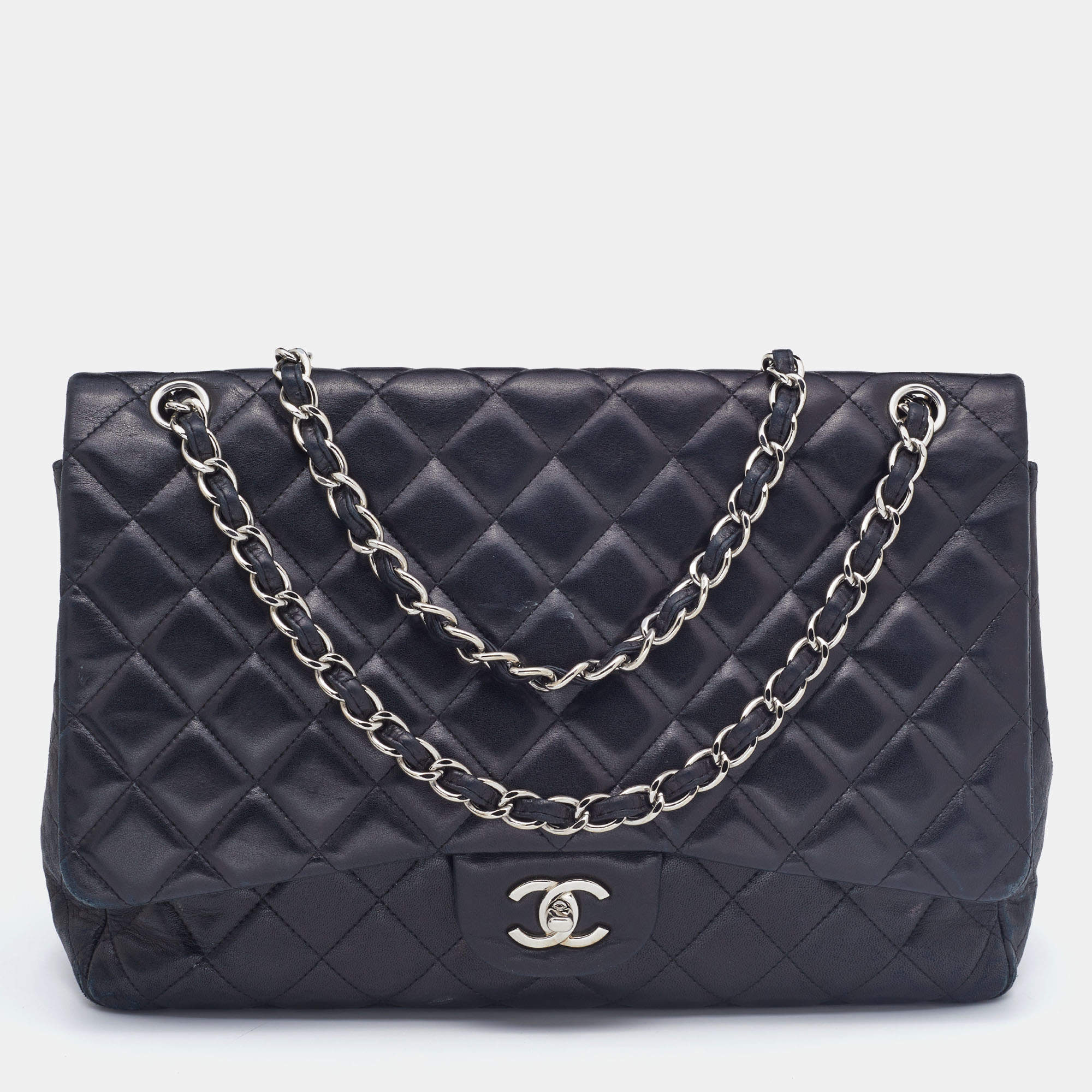 Pre Owned Chanel Black Quilted Leather Maxi Classic Double Flap Bag