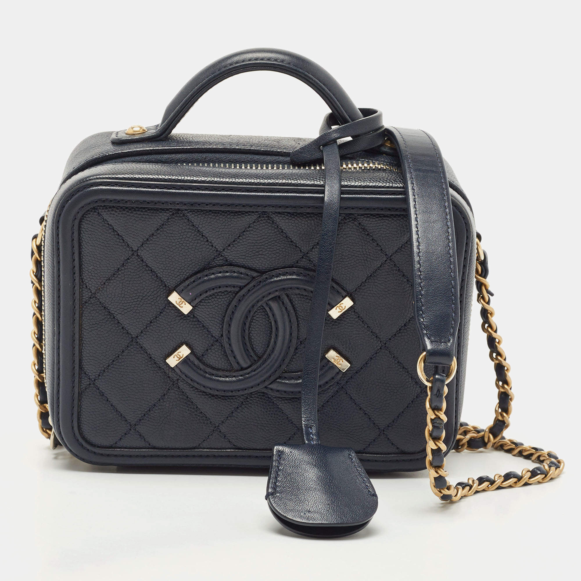 Pre Owned Chanel Navy Blue Quilted Caviar Leather Small CC Filigree Vanity Case Bag
