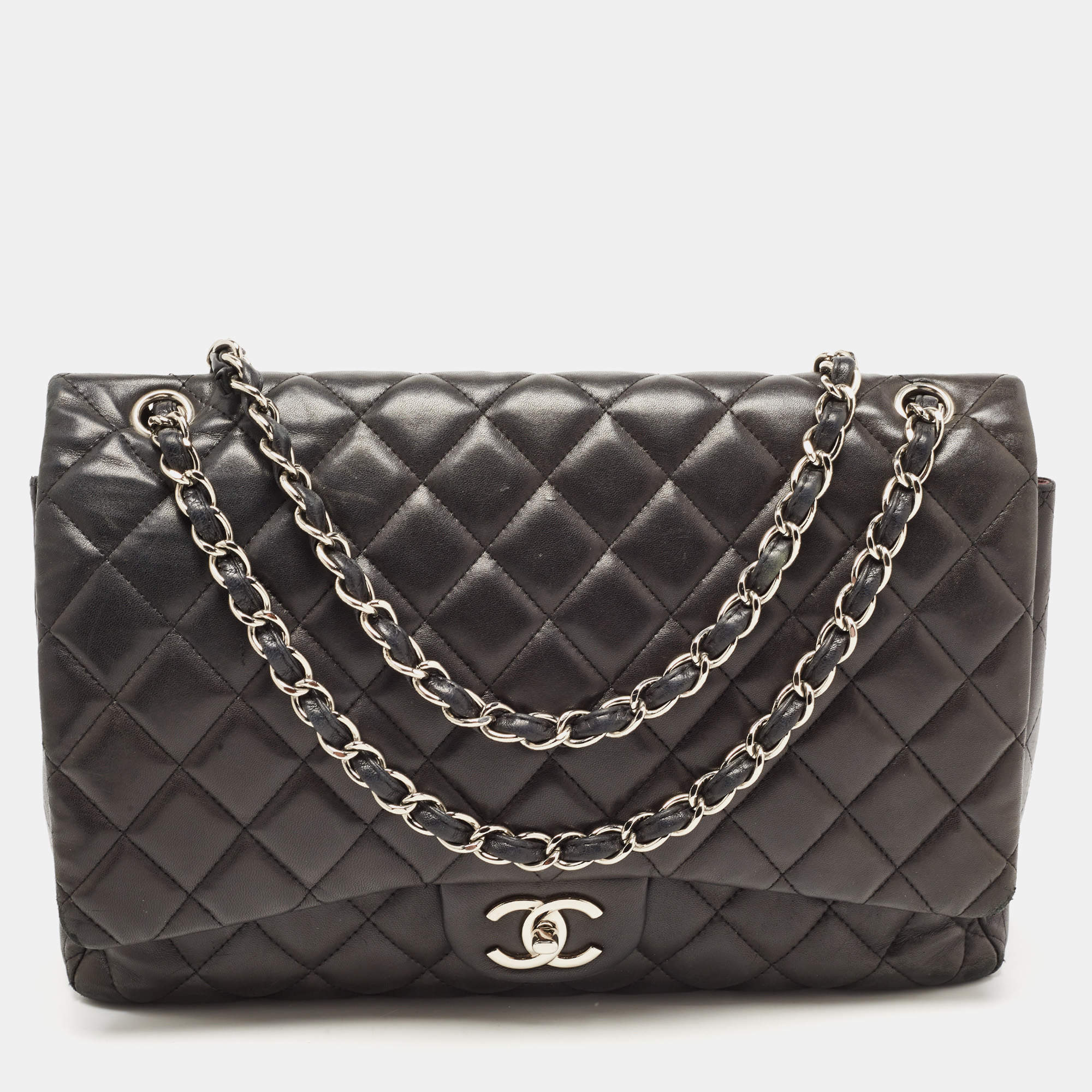 Chanel Maxi Classic Double Flap Bag Black Quilted Caviar Silver Hardware