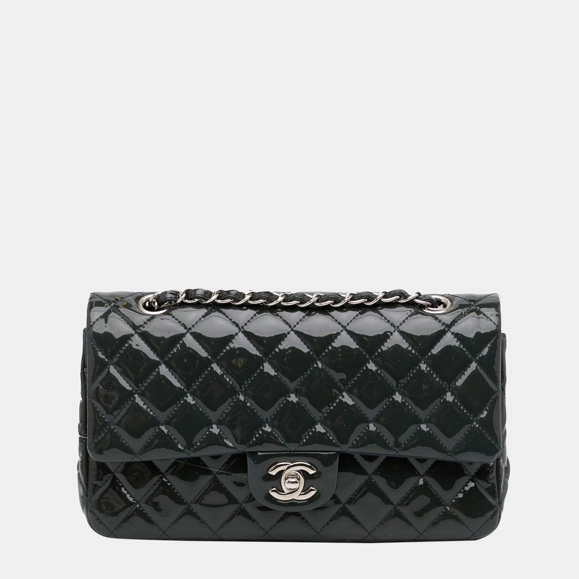 Pre Owned Chanel Blue Medium Classic Patent Double Flap