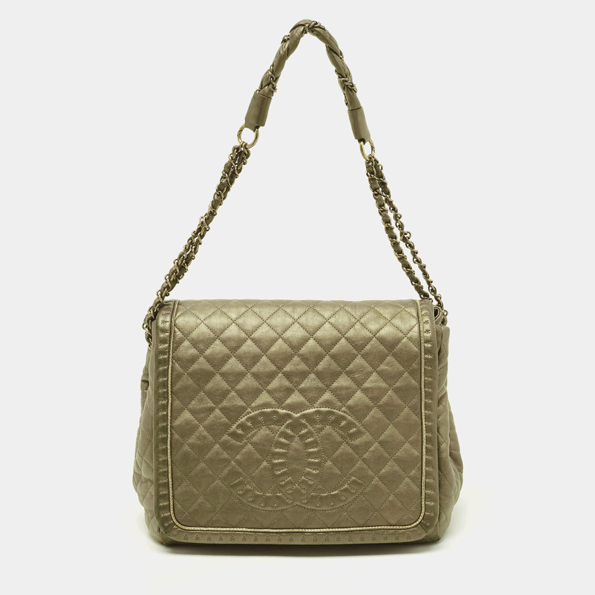 Pre Owned Chanel Metallic Olive Green Quilted Leather Istanbul Accordion Flap Bag