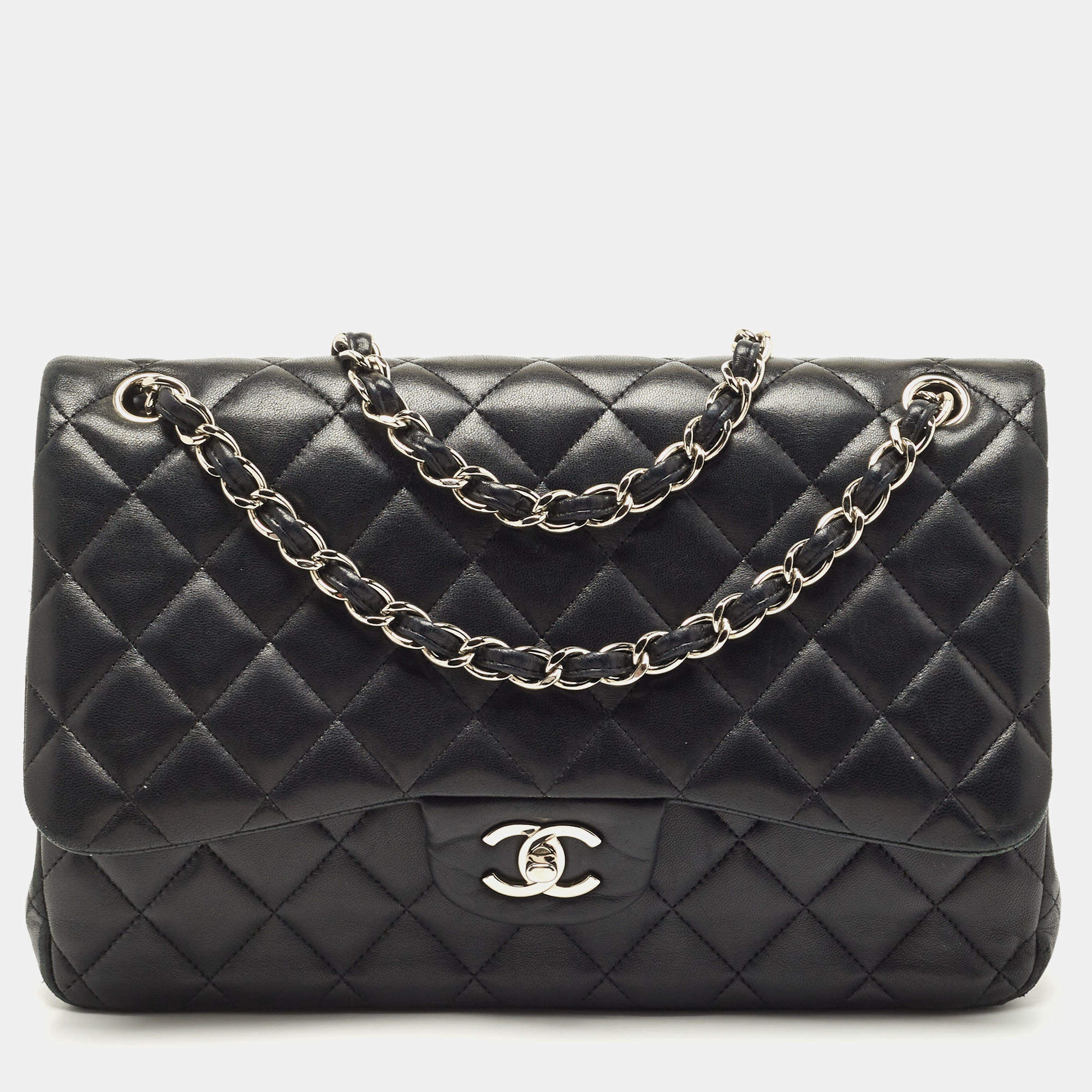 Pre Owned Chanel Black Quilted Leather Jumbo Classic Double Flap Bag