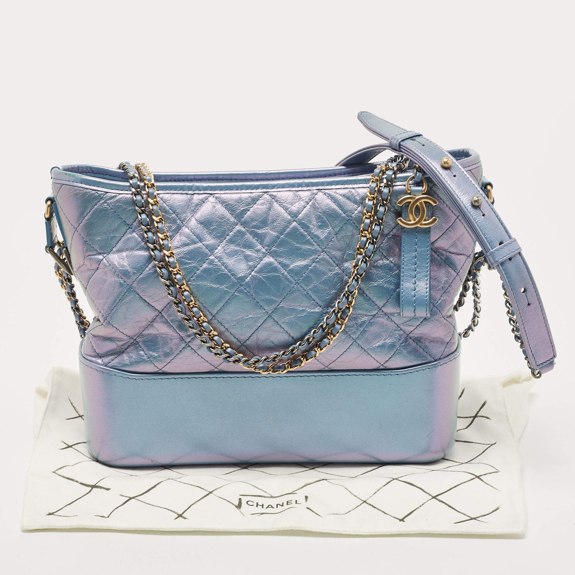 Chanel Light Blue Shimmer Quilted Aged Leather Medium Gabrielle Hobo