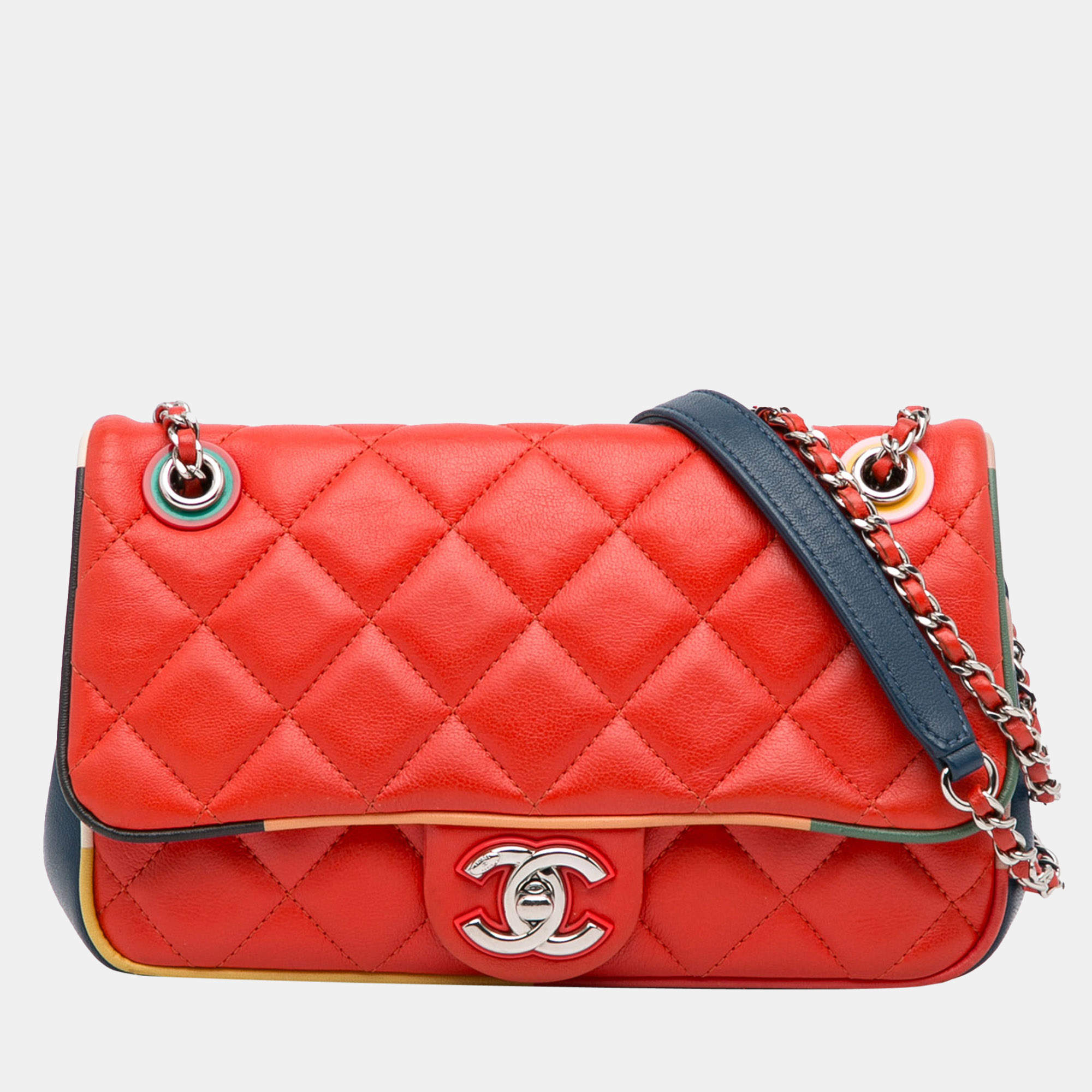 Pre Owned Chanel Red Small Lambskin Cuba Color Flap Bag