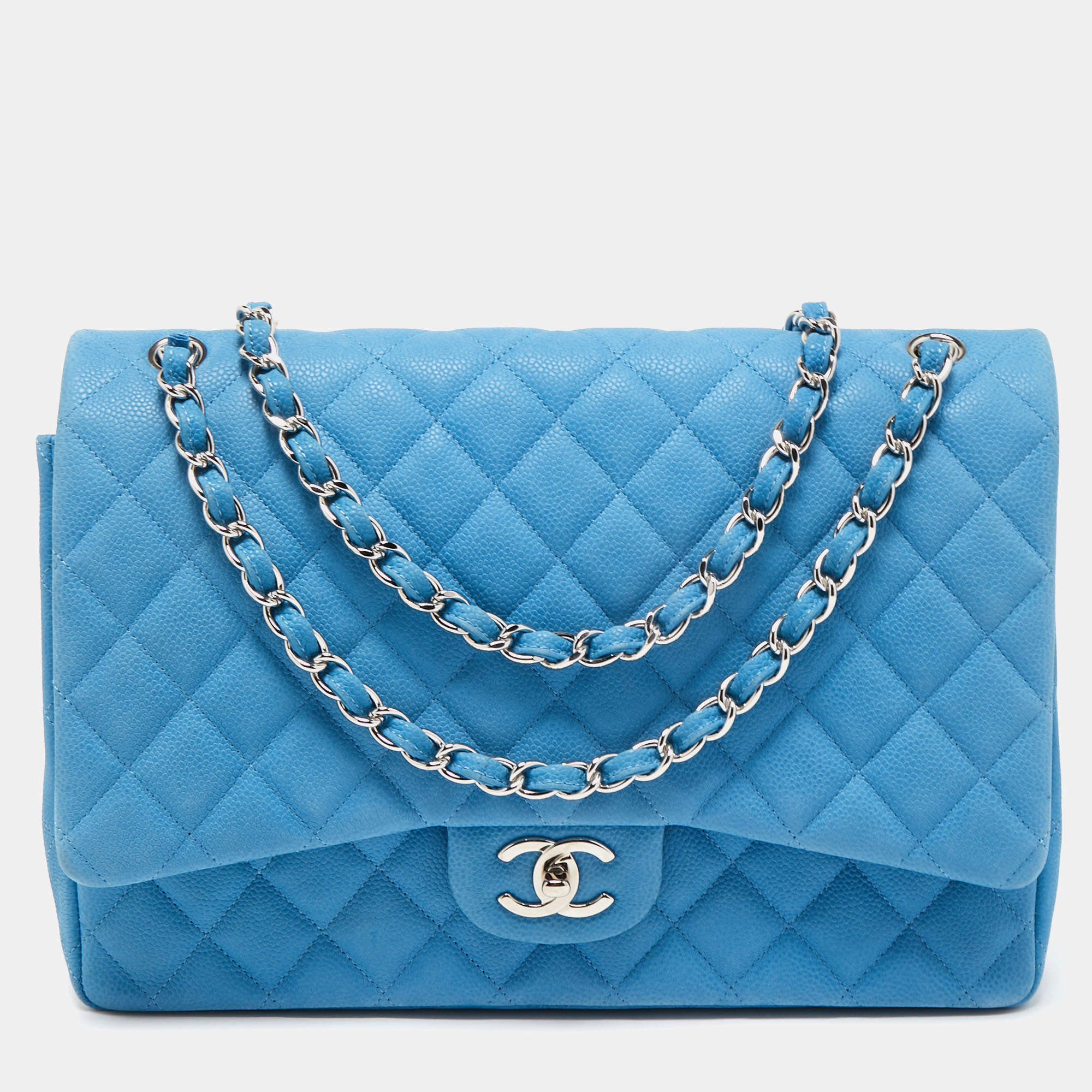 Chanel Blue Quilted Caviar Leather Maxi Classic Double Flap Bag