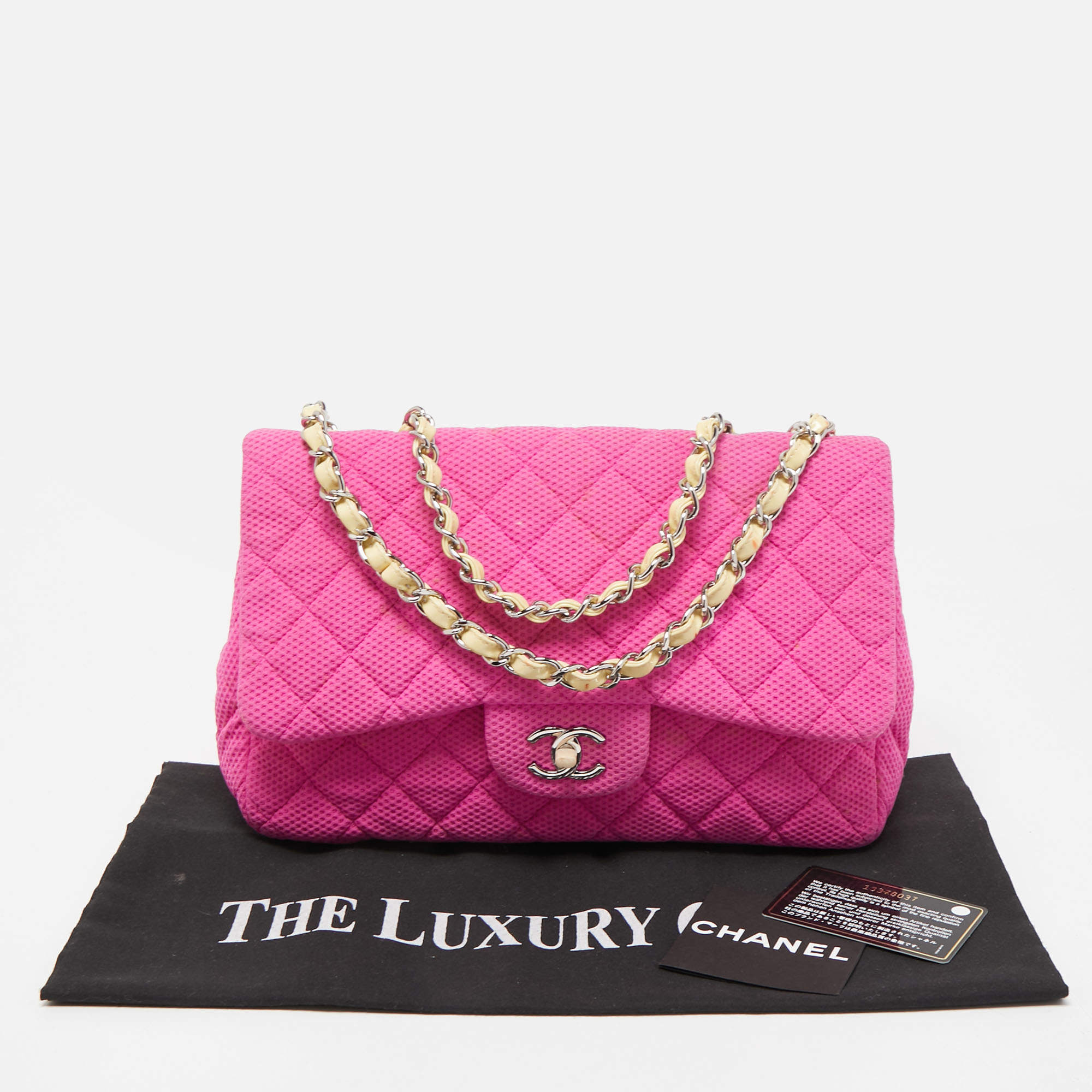 Chanel Pink/White Quilted Perforated Jersey Jumbo Classic Single