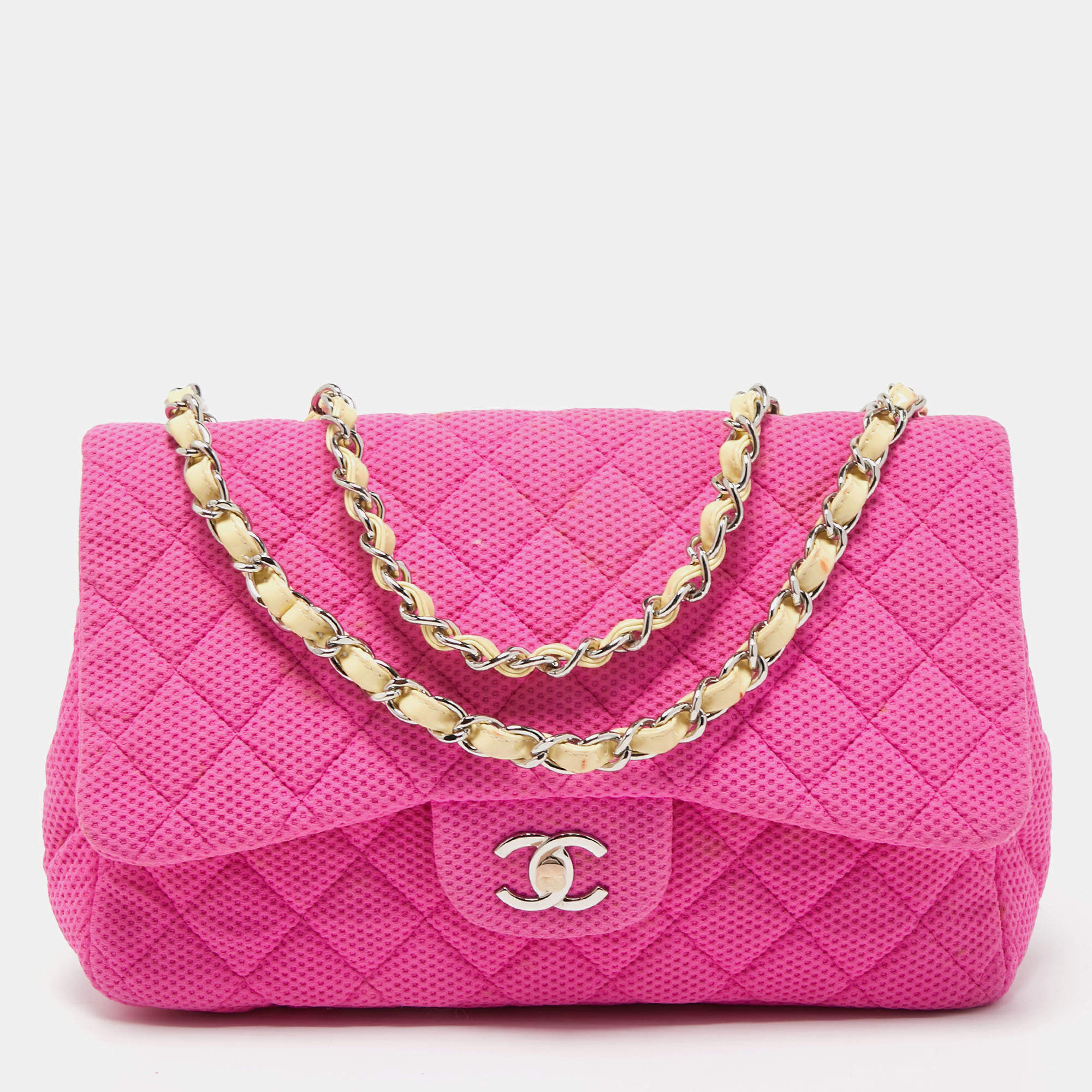 Pre Owned Chanel Pink Quilted Jersey Jumbo Classic Single Flap Bag