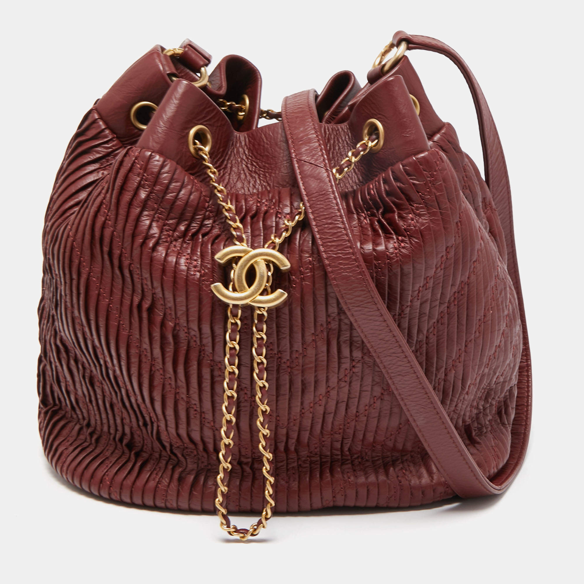 Chanel Red Pleated Leather Drawstring CC Bucket Bag