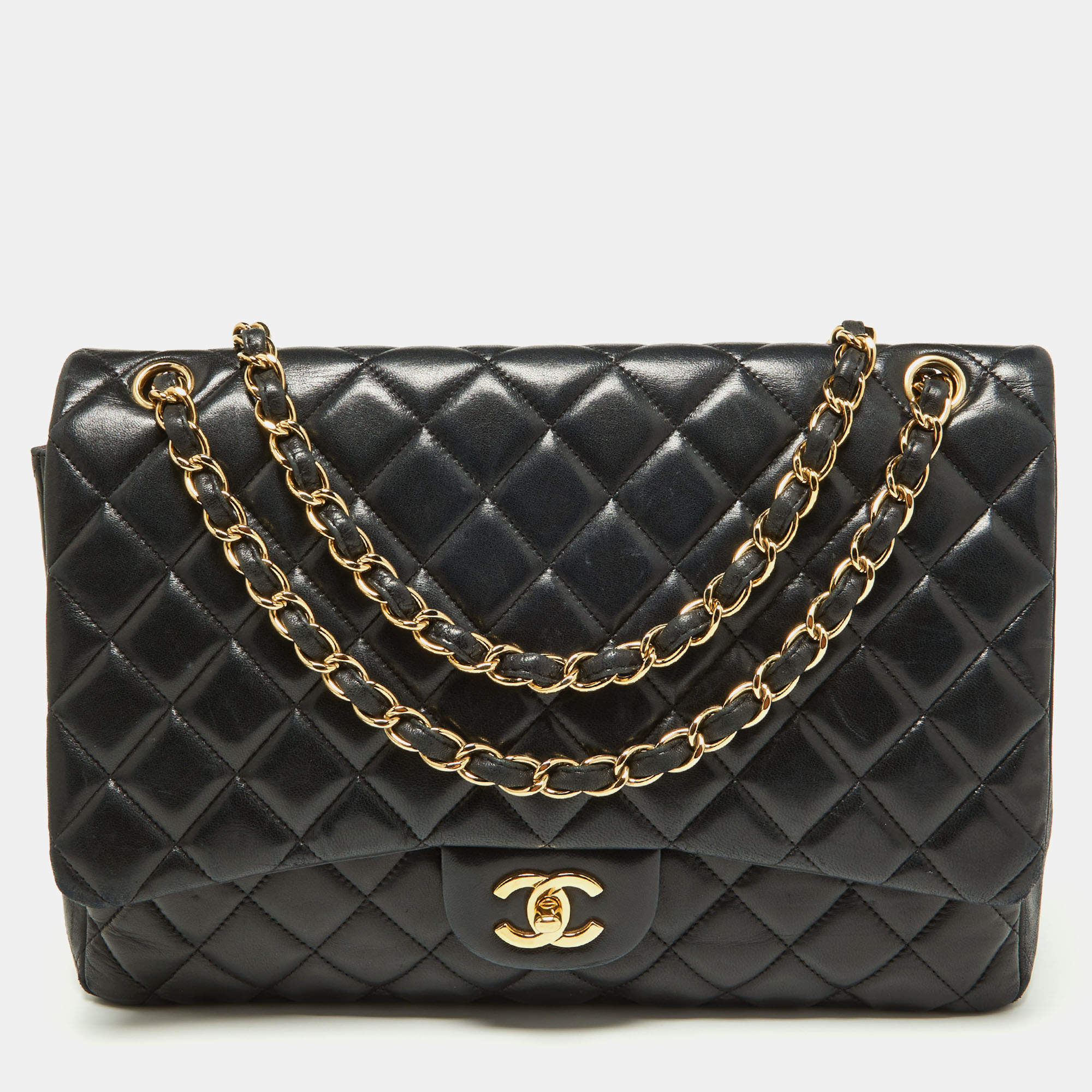 Pre Owned Chanel Black Quilted Lambskin Leather Maxi Classic Double Flap Bag