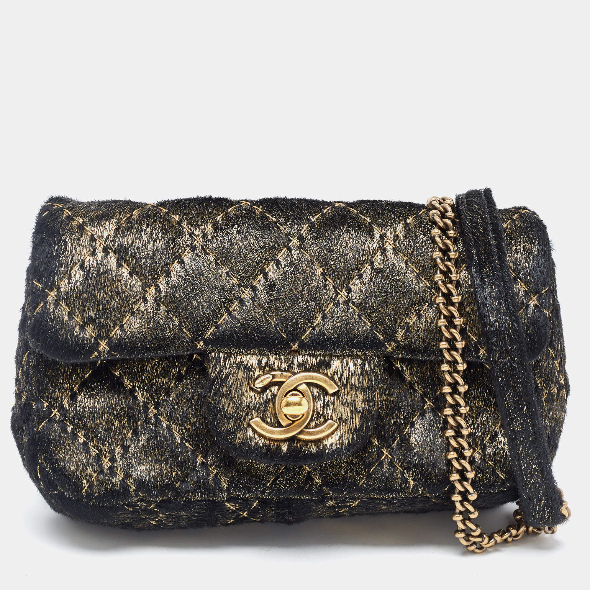 Pre Owned Chanel Black/Gold Quilted Calfhair Extra Mini Classic Single Flap Bag