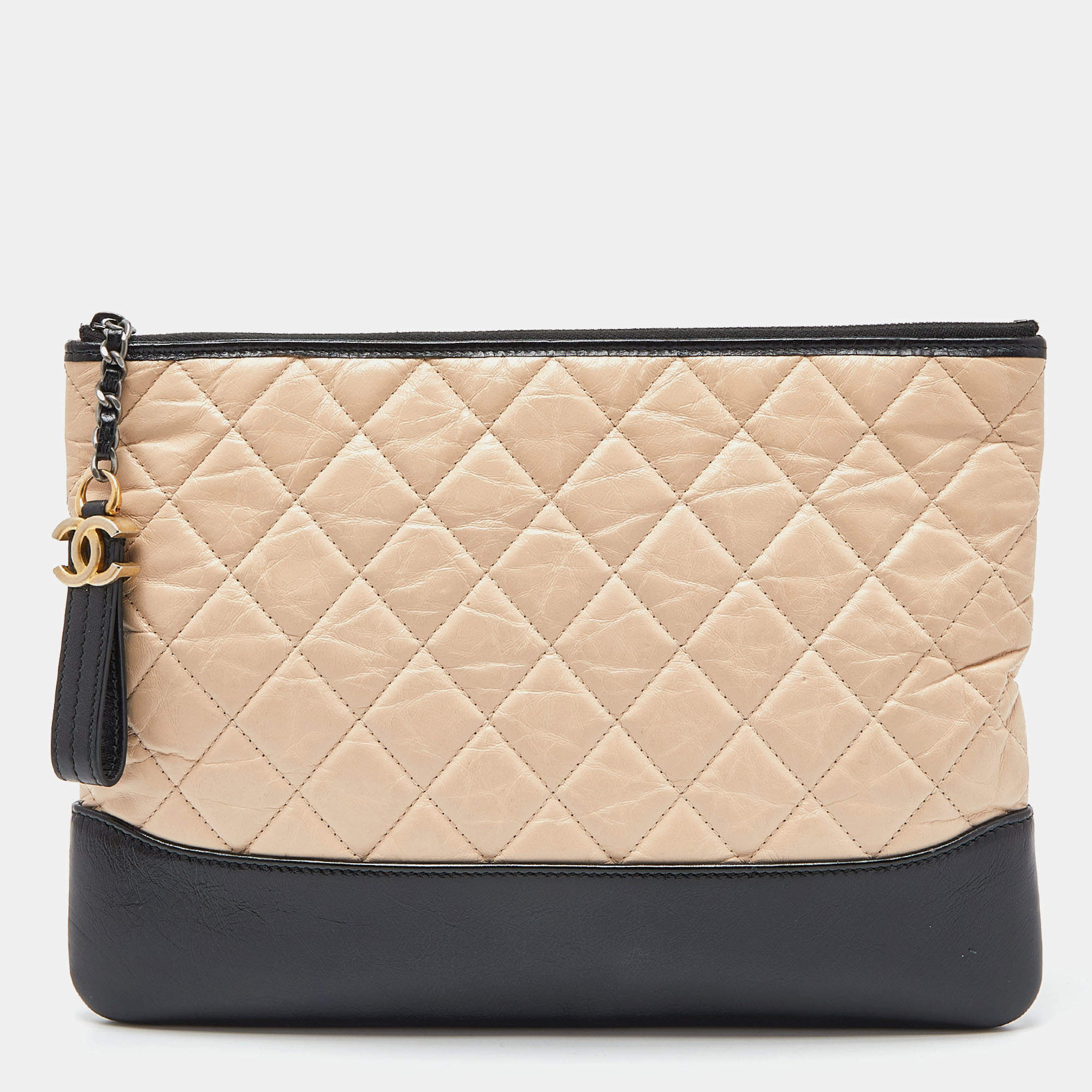 Chanel Beige/Black Quilted Leather Gabrielle Clutch 