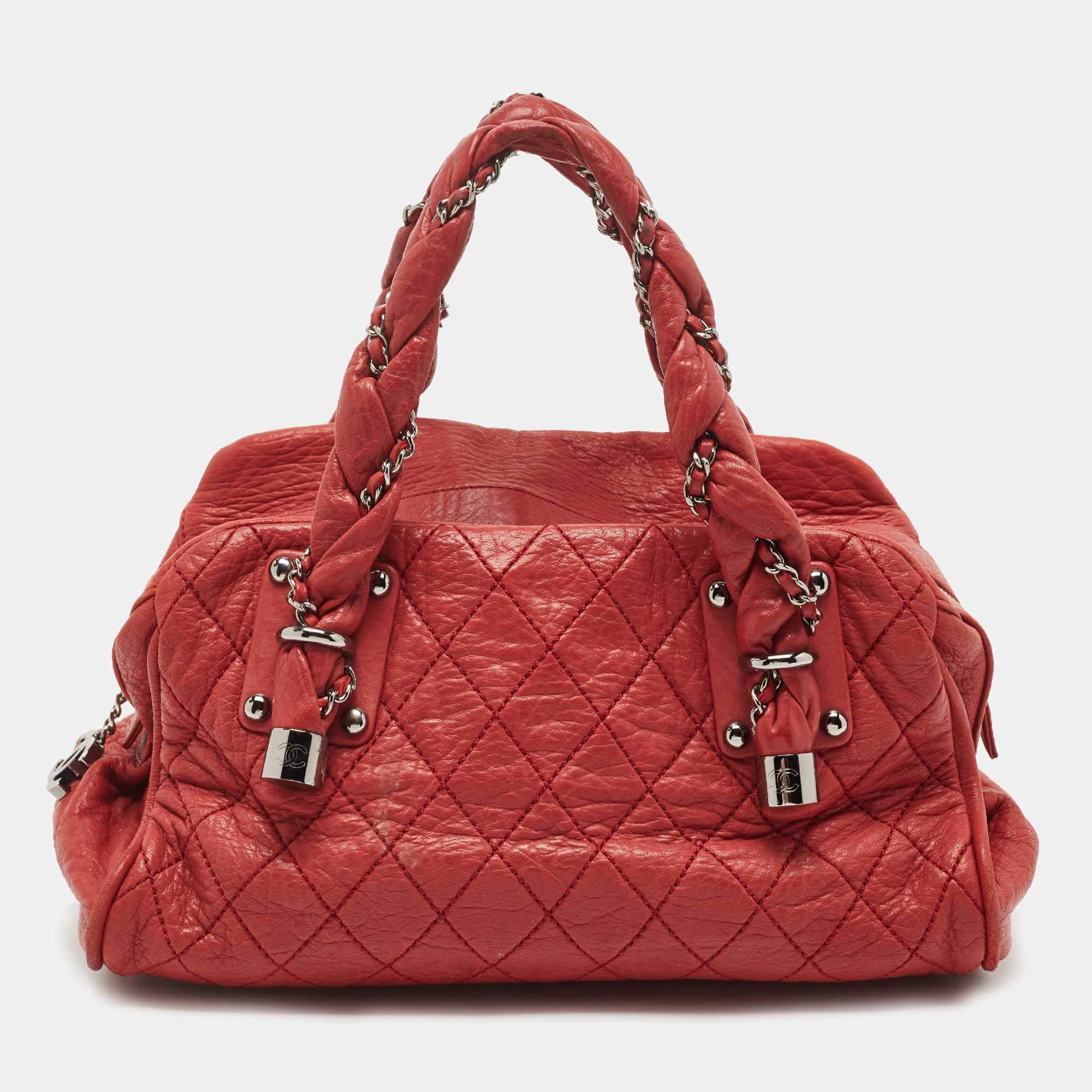 Pre Owned Chanel Red Quilted Leather Lady Braid Bowler Bag