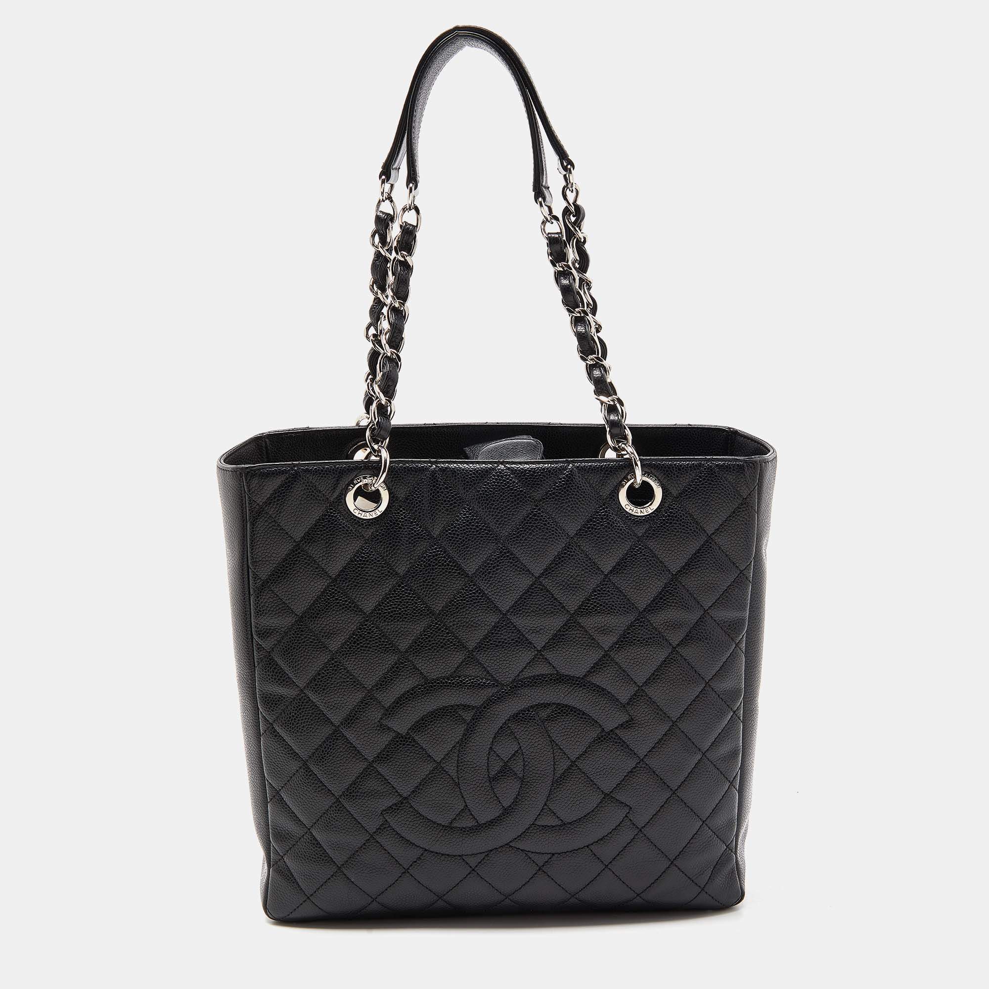 Pre Owned Chanel Black Quilted Caviar Leather XL Petite Shopping Tote