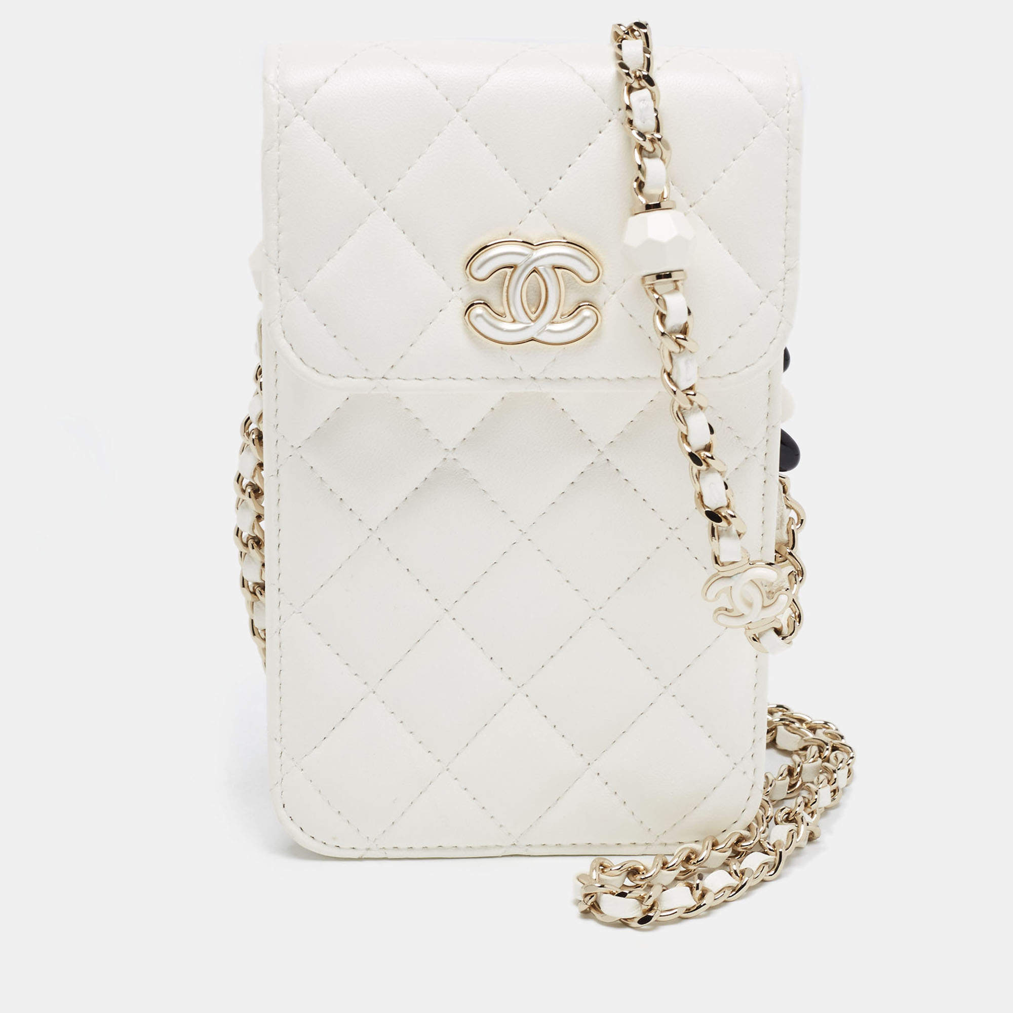 Chanel White Quilted Leather CC Pearl Phone Case Crossbody Bag