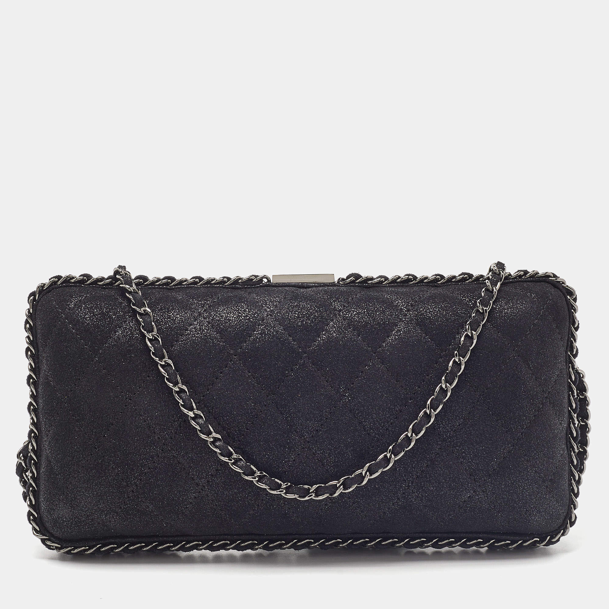 Pre Owned Chanel Black Quilted Iridescent Suede Chain Around Clutch