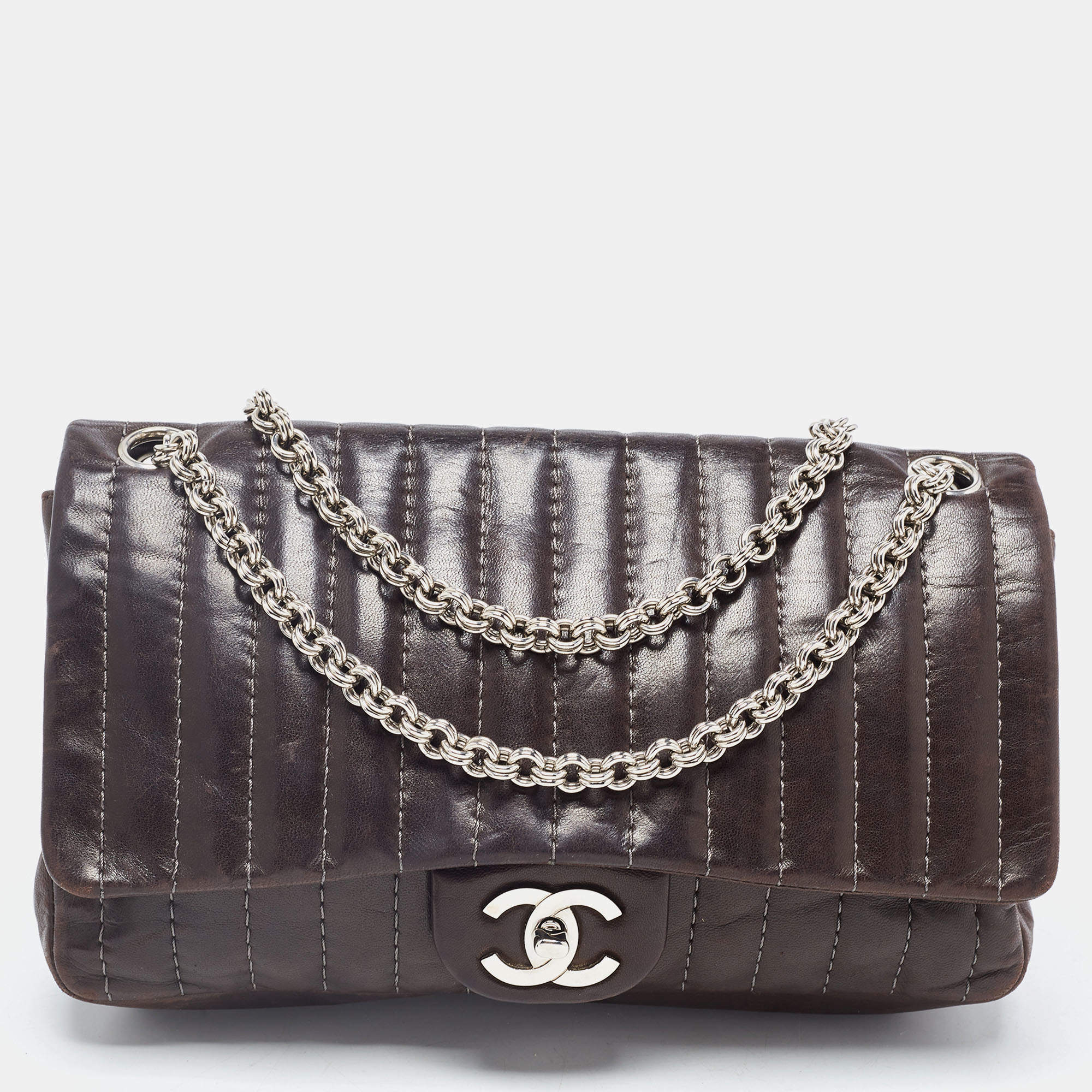 Pre Owned Chanel Brown Vertical Quilted Leather Medium Flap Bag