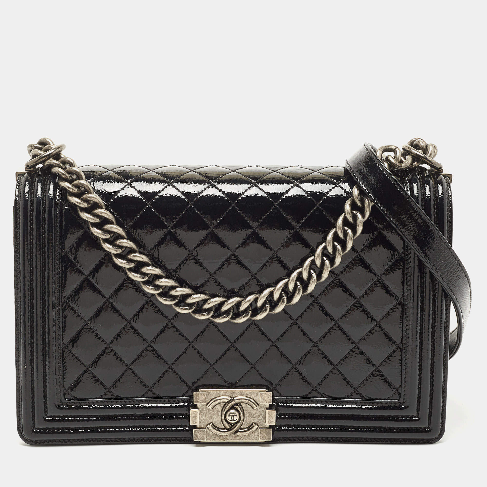 Pre Owned Chanel Black Quilted Patent Leather New Medium Boy Flap Bag