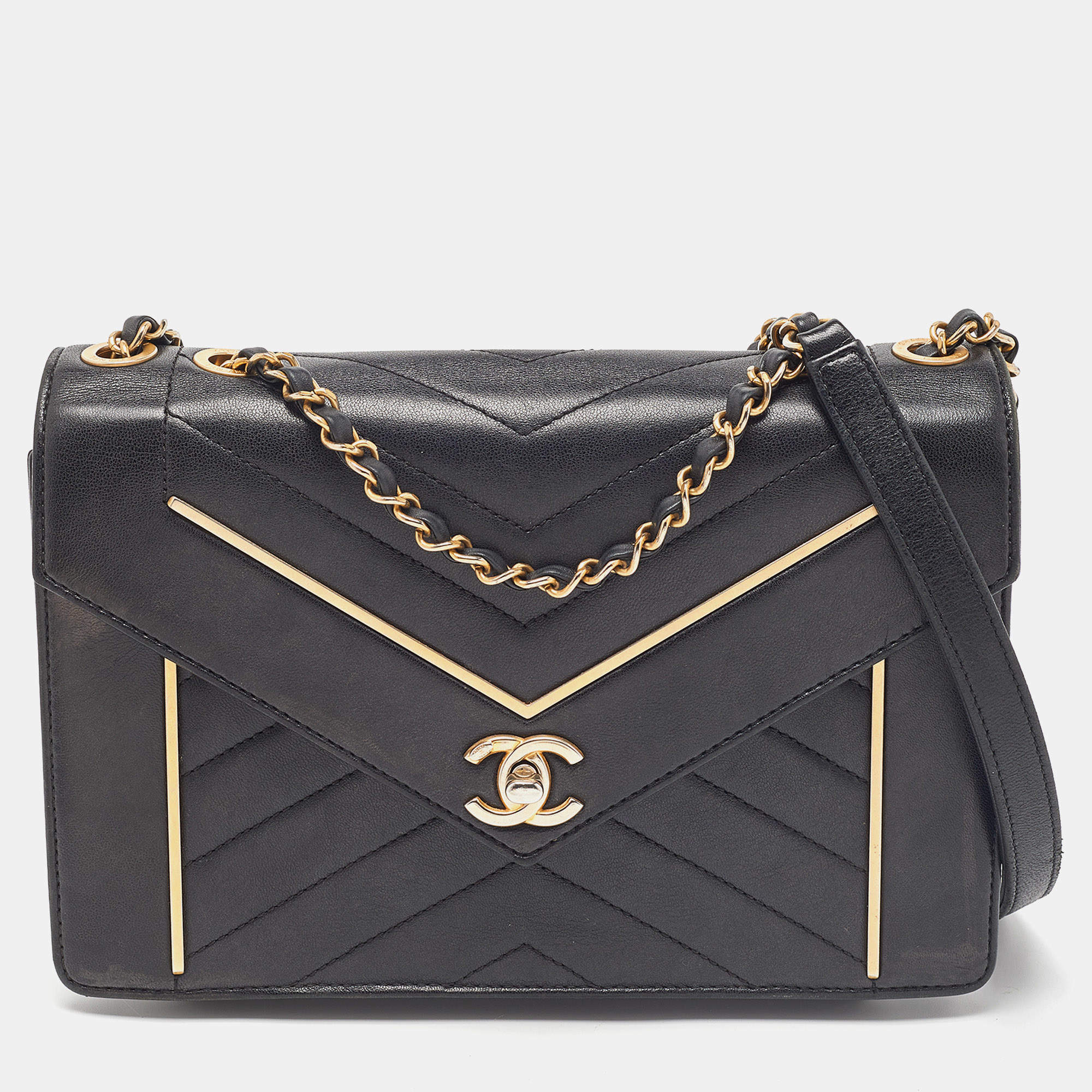 Chanel Black Leather Reversed Chevron Flap Bag