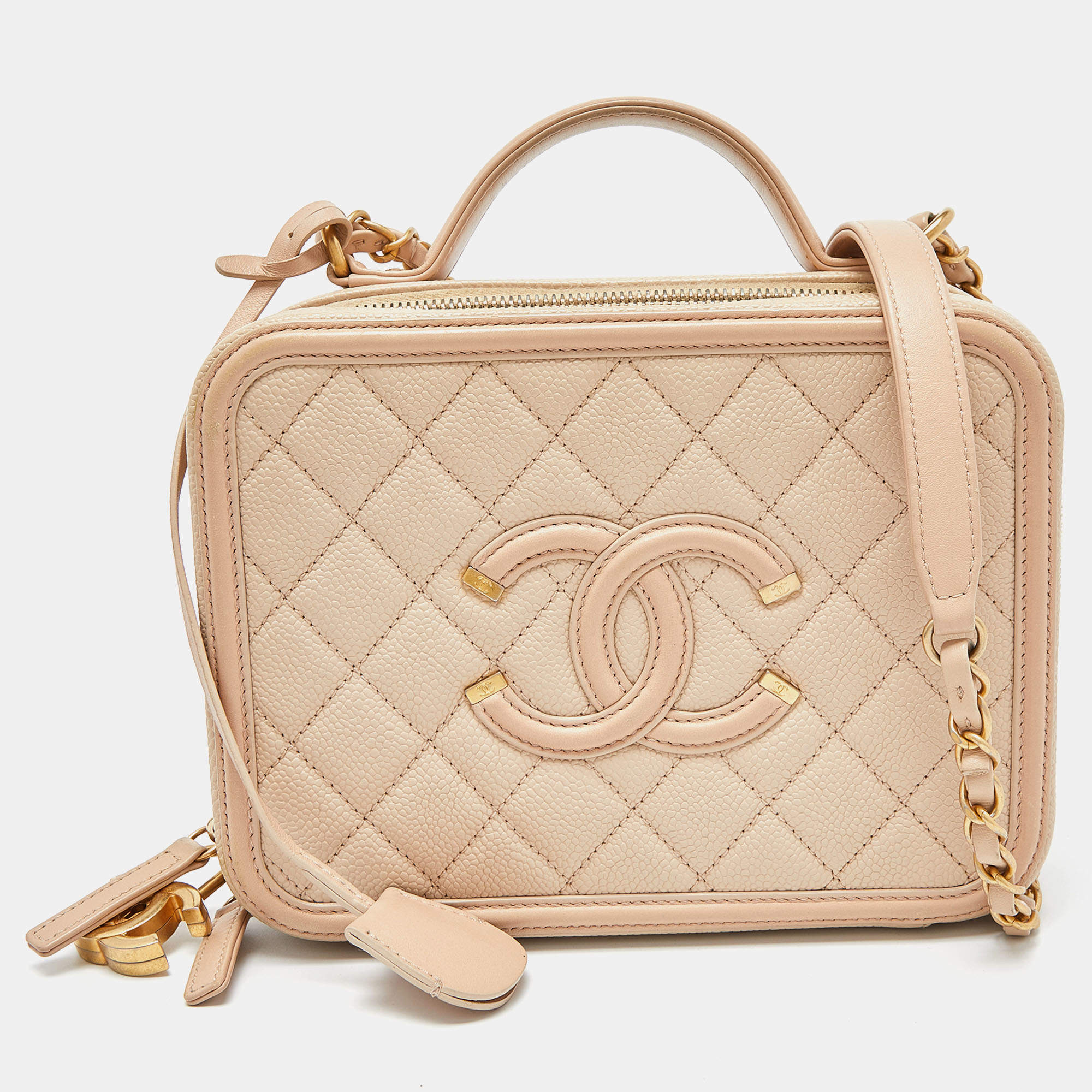 Pre Owned Chanel Beige Quilted Caviar Leather Medium CC Filigree Vanity Case Bag