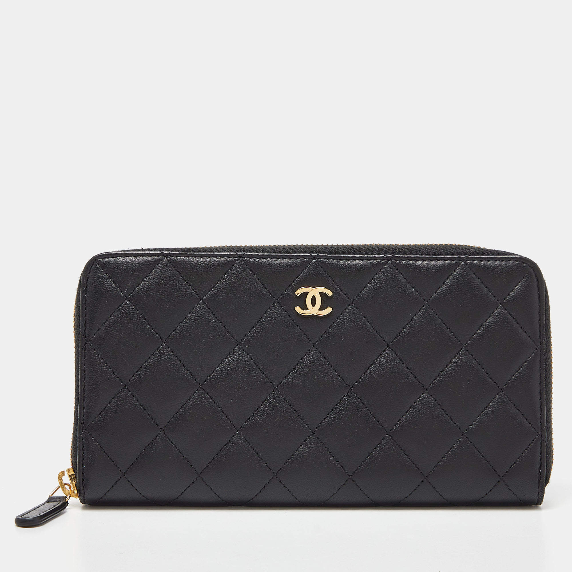 Chanel Black Quilted Leather CC Zip Around Wallet