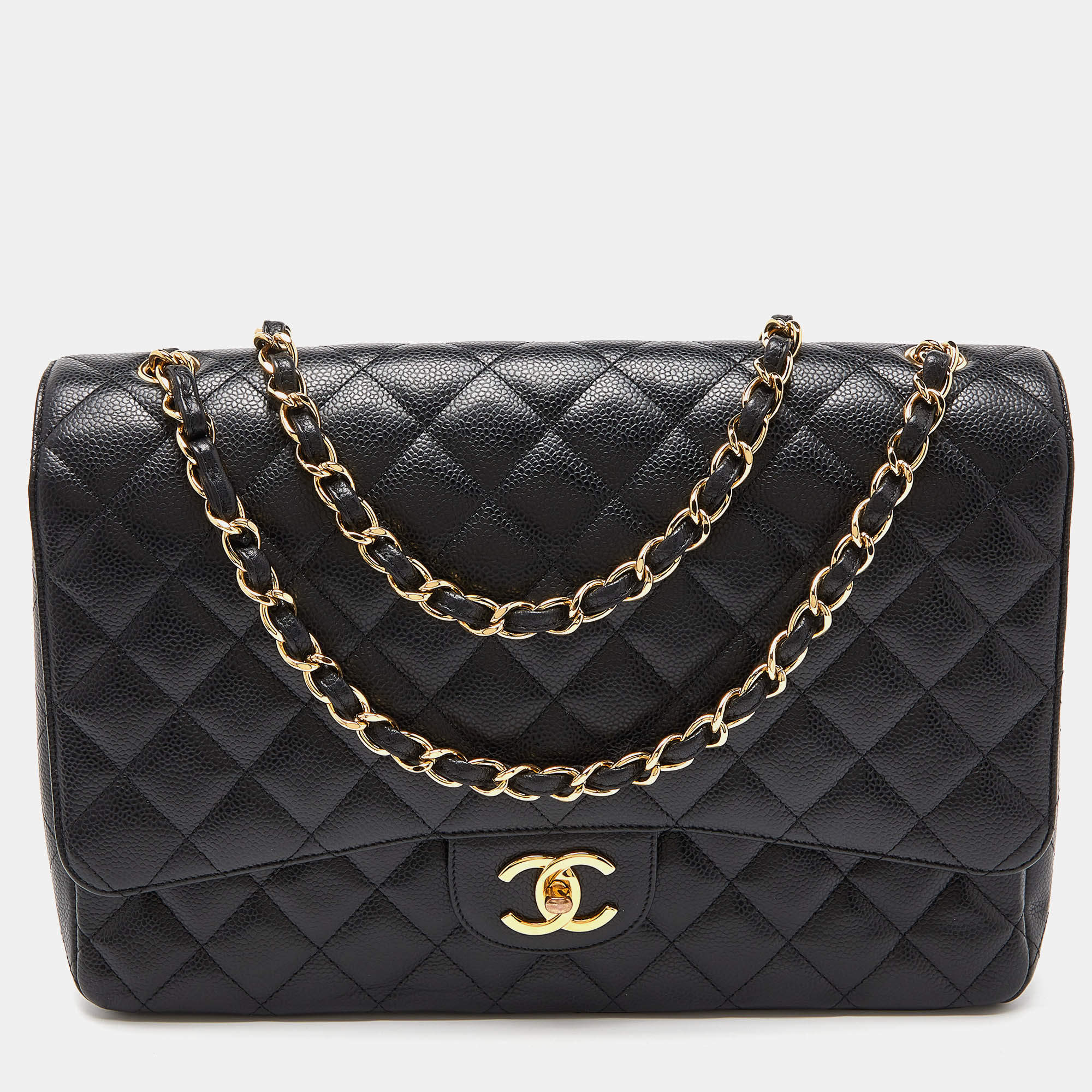 Pre Owned  Chanel Black Quilted Caviar Leather Maxi Classic Double Flap Bag 