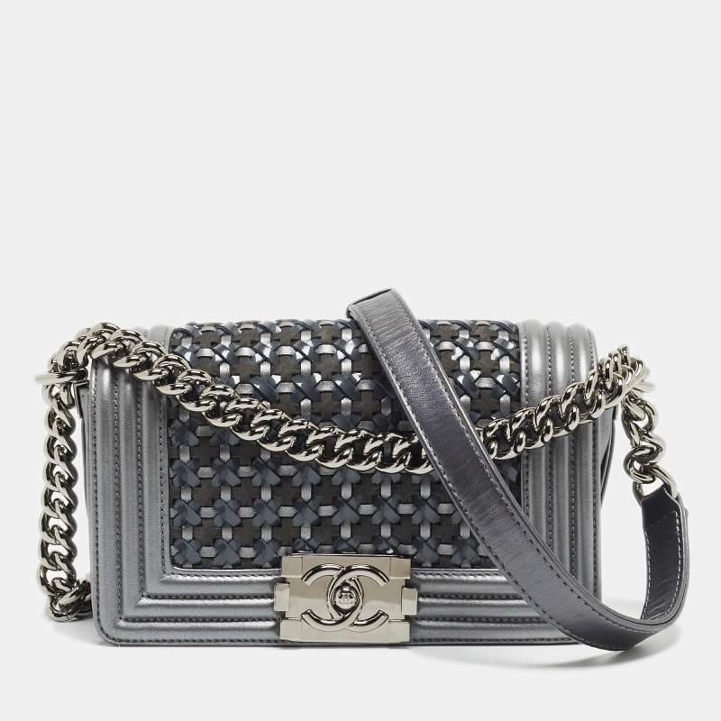 Pre Owned Chanel Grey Woven Patent, Suede and Leather Small Boy Bag