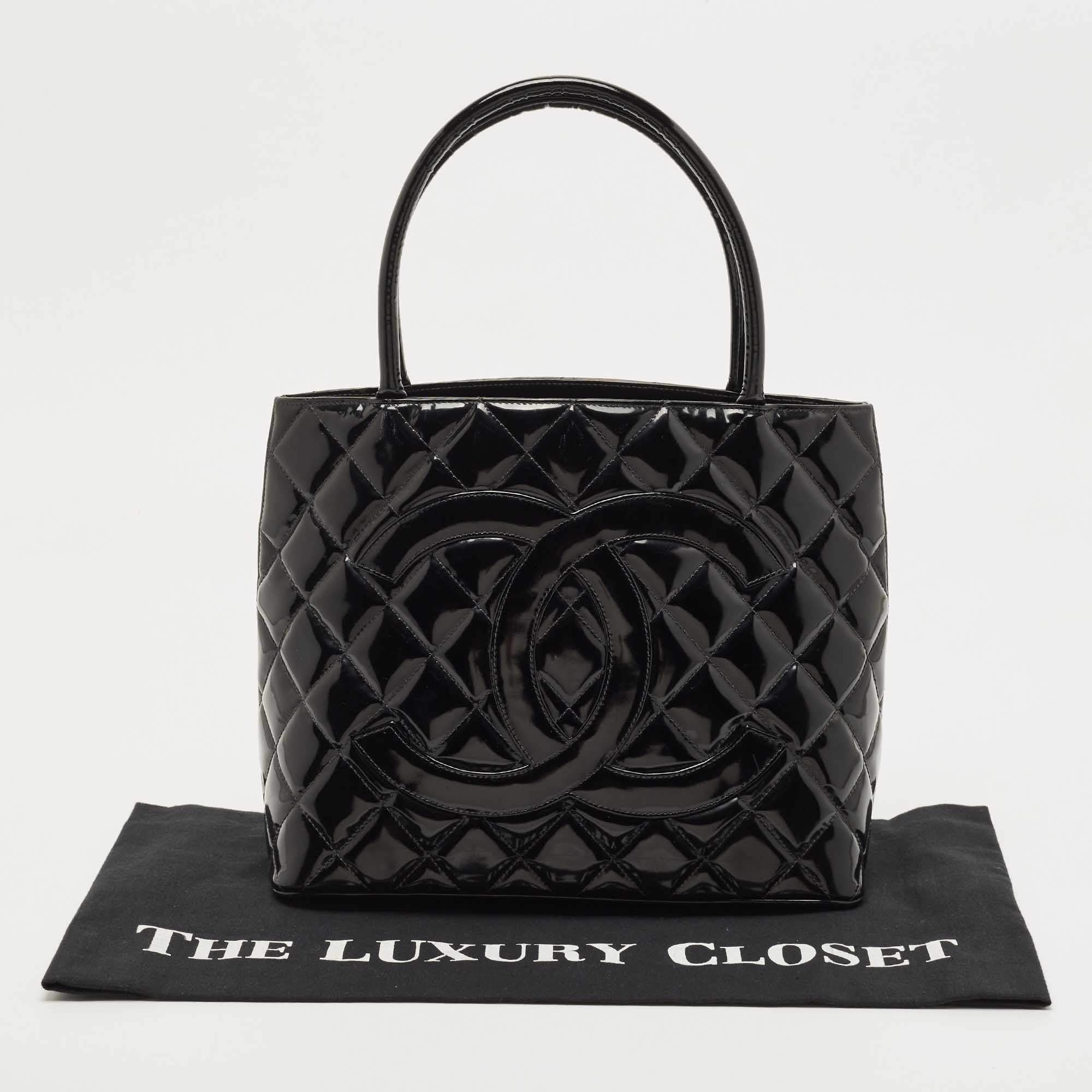 Chanel Black Patent Leather Medallion Tote Bag