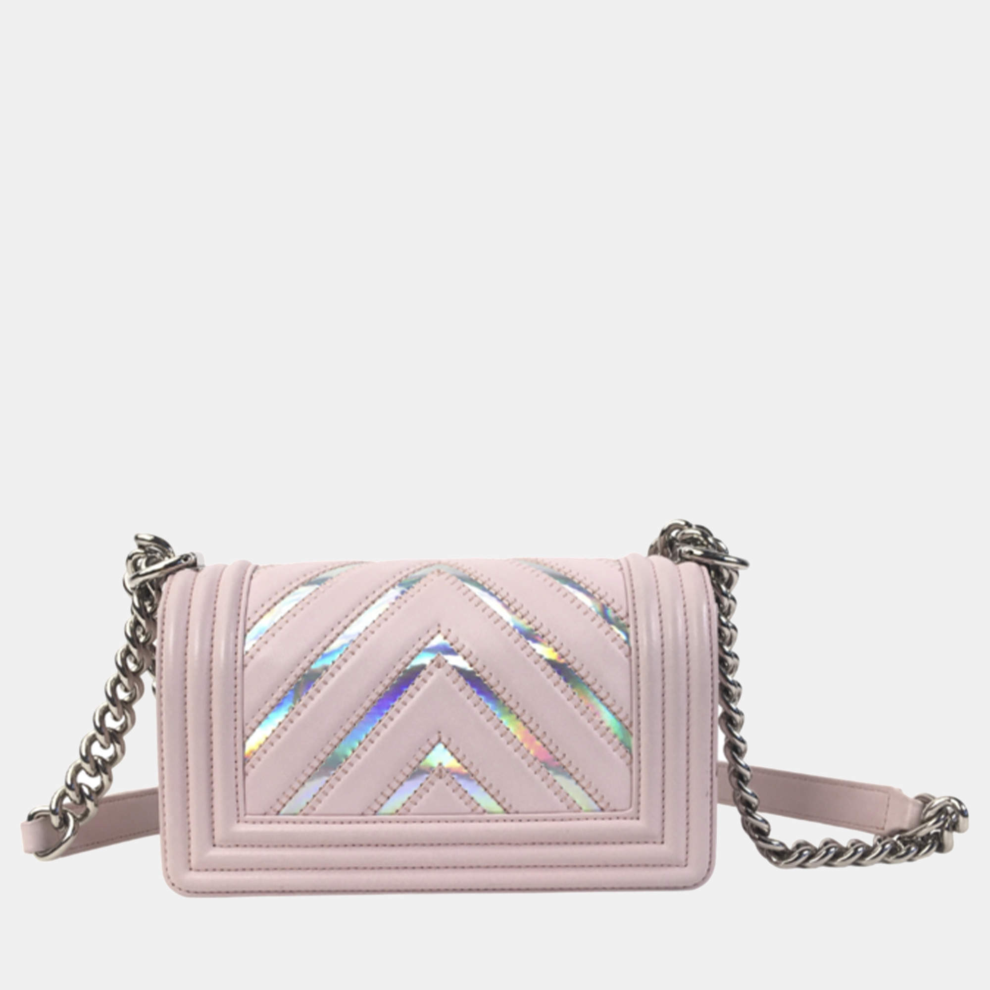 CHANEL Small Boy Chevron Cotton Mixed Fibers Shoulder Bag Pink