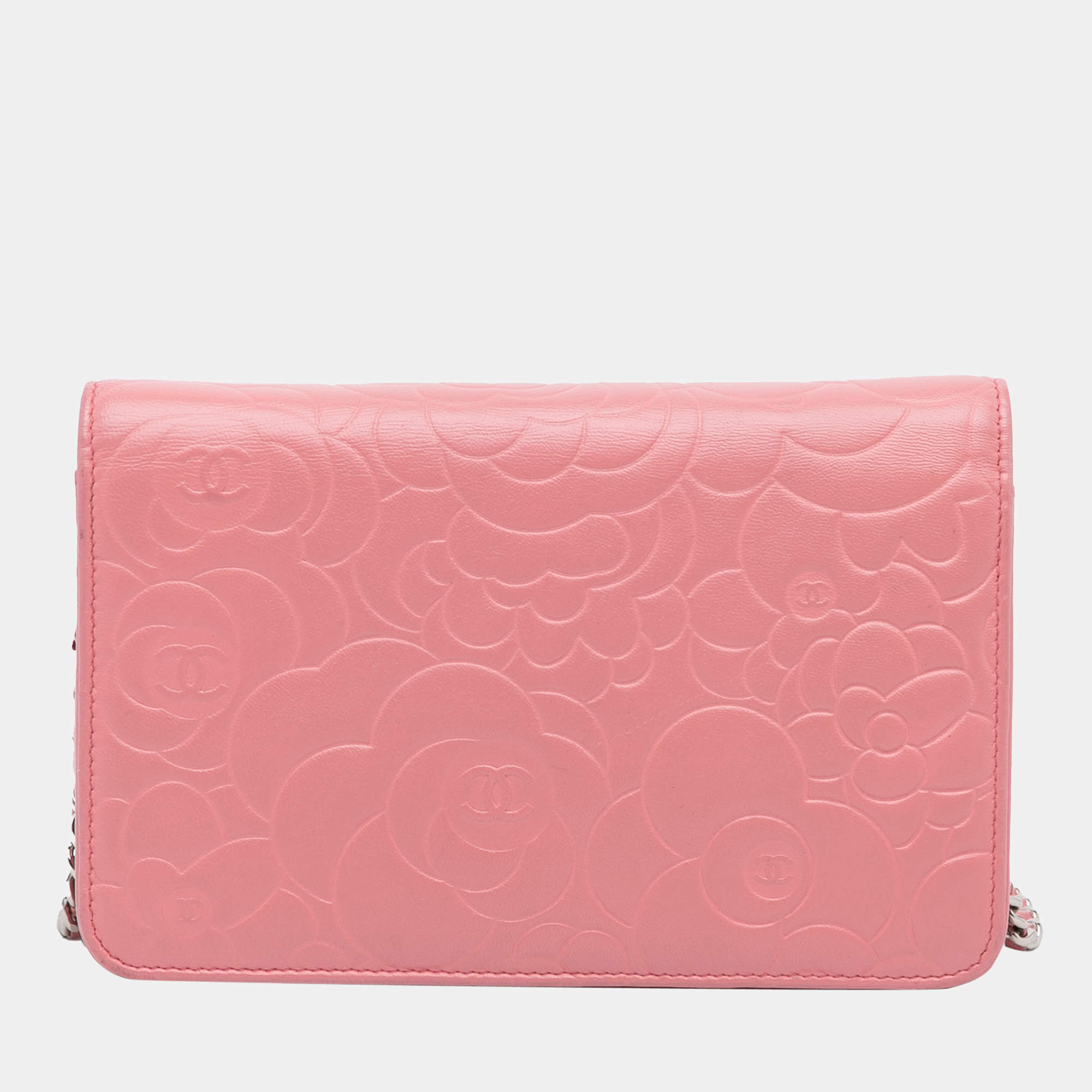 Chanel Pink/Metallic Silver Leather Camellia Wallet on Chain