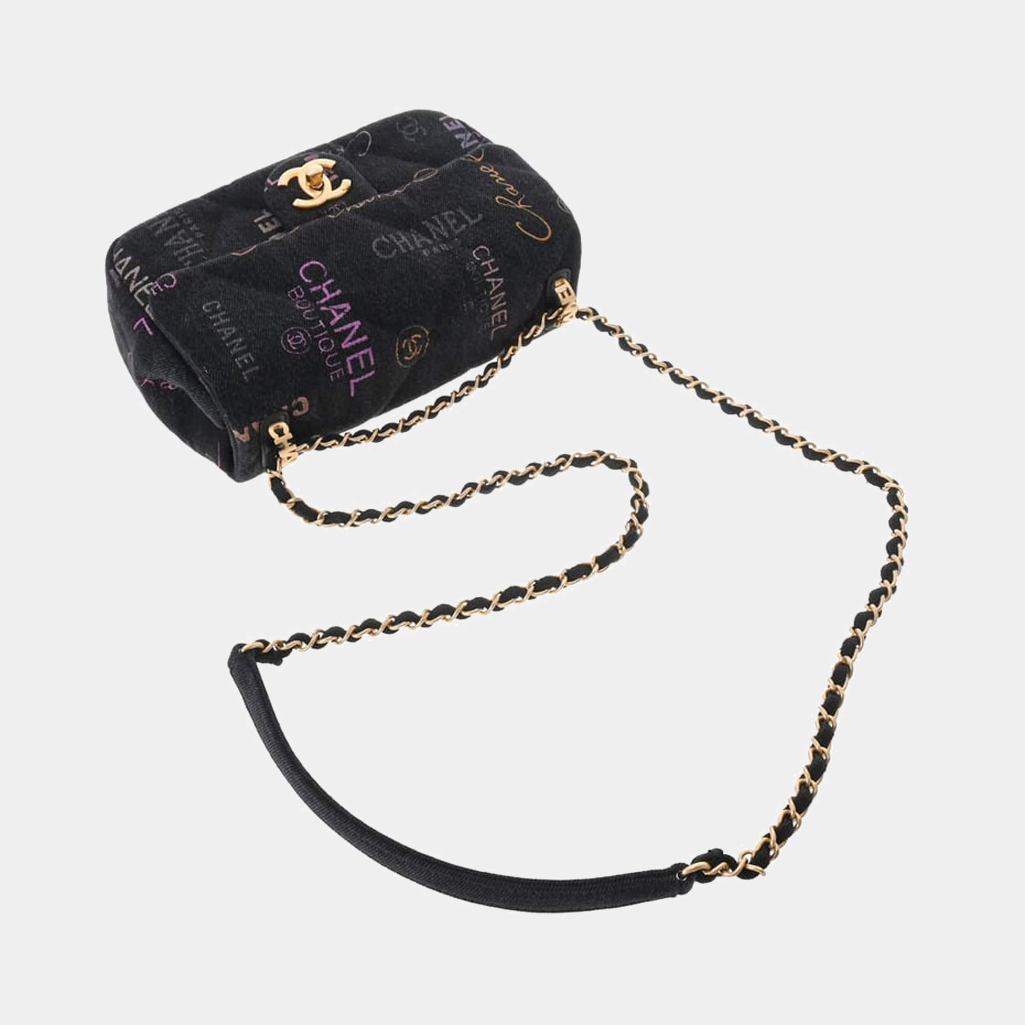 Chanel Black Denim Logo Printed Flap Bag Shoulder Bag Chanel