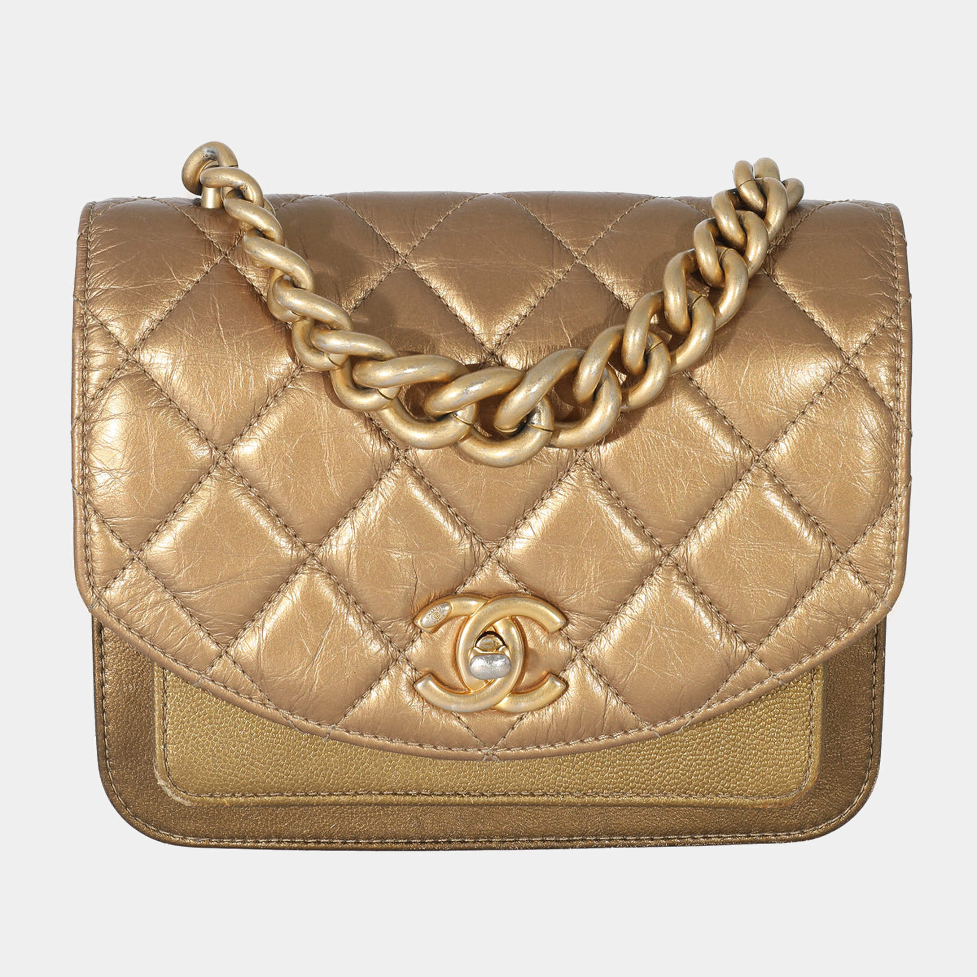 Chanel Gold Metallic Leather Mini Chain Handle Flap Bag Chanel