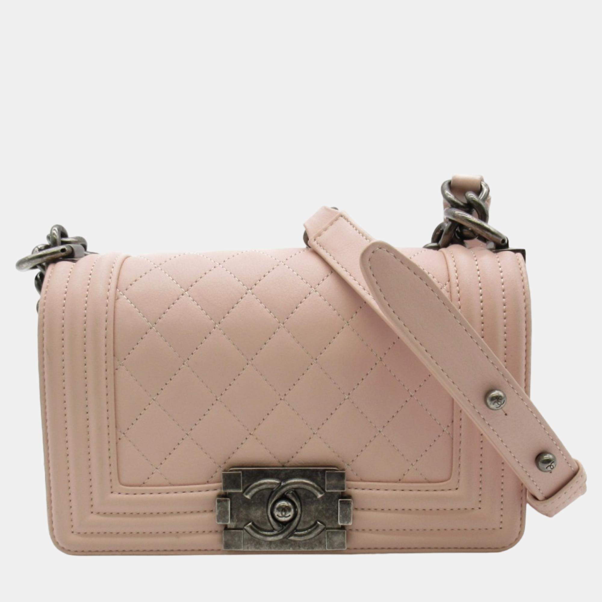 PRELOVED Chanel Nude and Pink Chevron Quilted Leather Small Boy