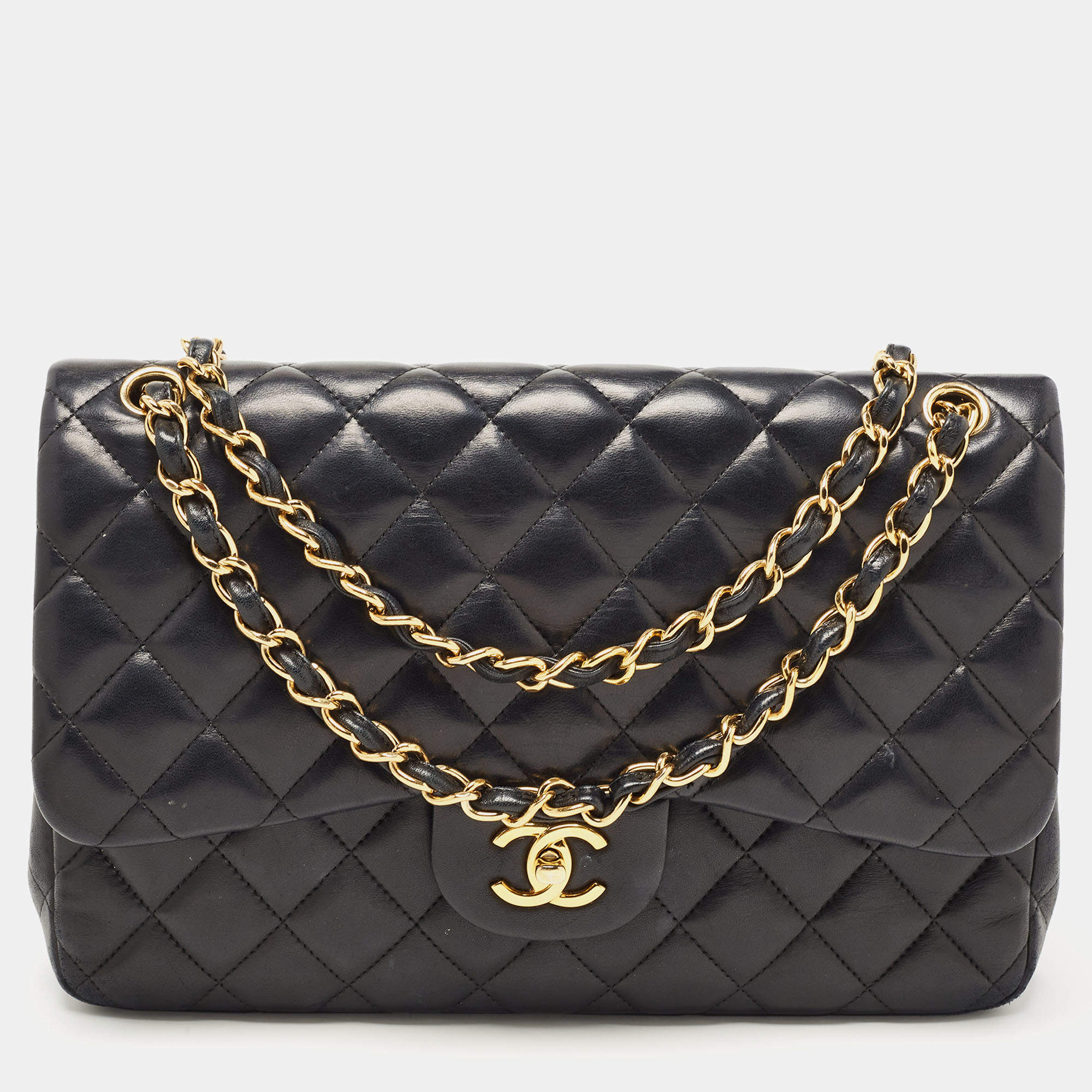Pre Owned Chanel Black Quilted Leather Jumbo Classic Double Flap Bag