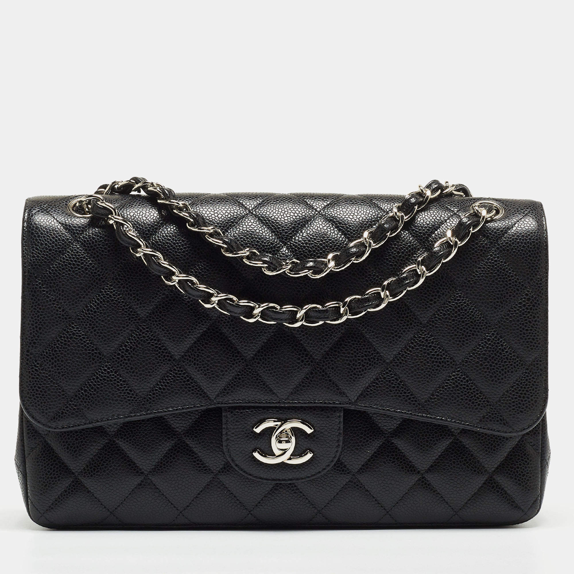 Pre Owned Chanel Black Quilted Caviar Leather Jumbo Classic Double Flap Bag