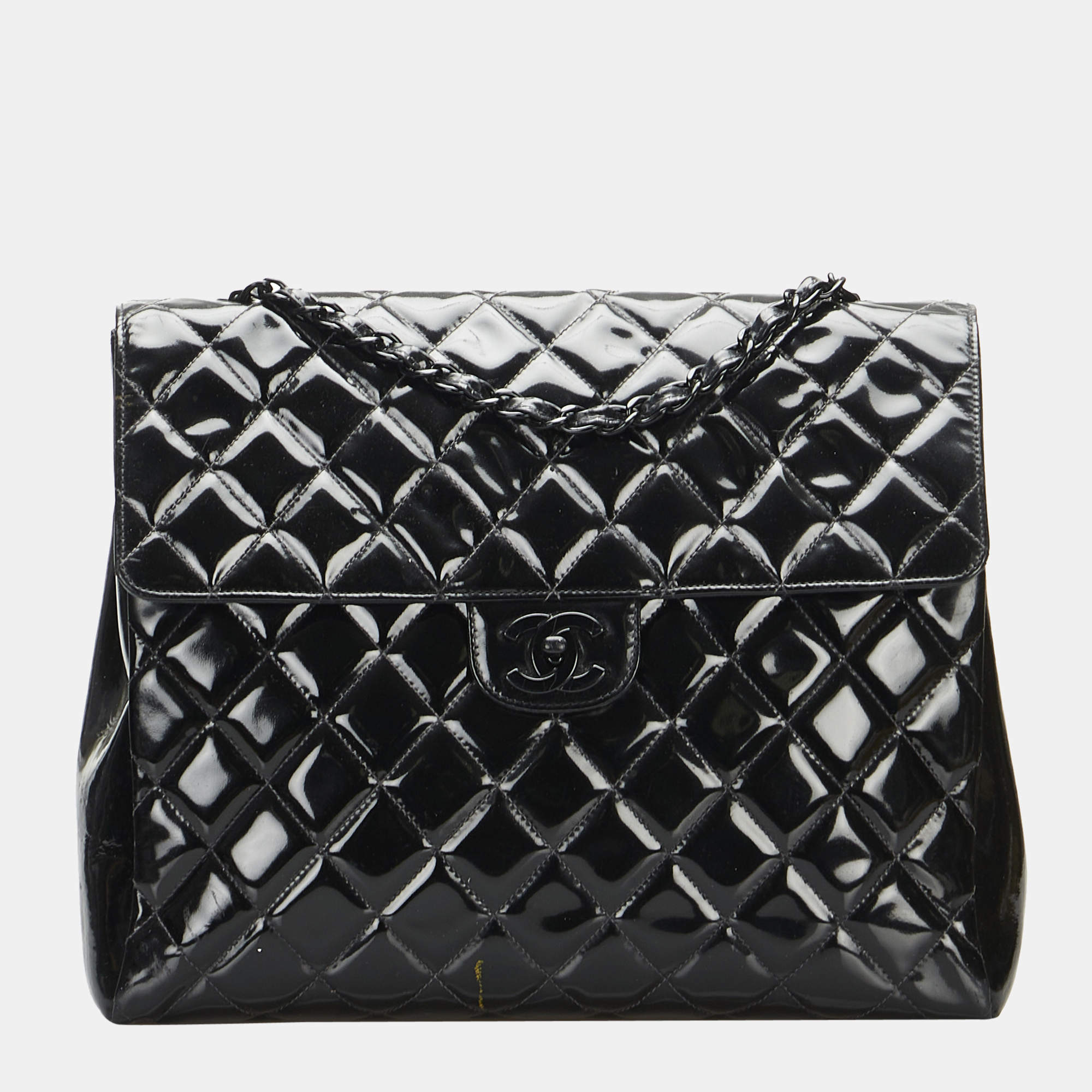 Chanel Black Quilted Patent Leather New Classic Double Flap Jumbo