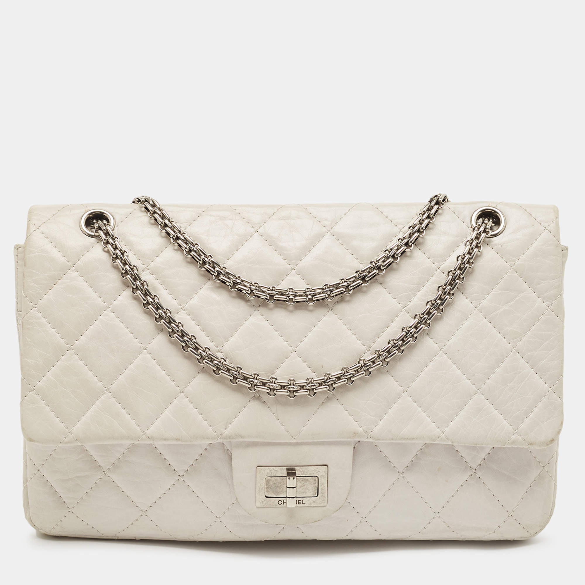 Chanel White Quilted Aged Leather Reissue 2.55 Classic 227 Flap Bag