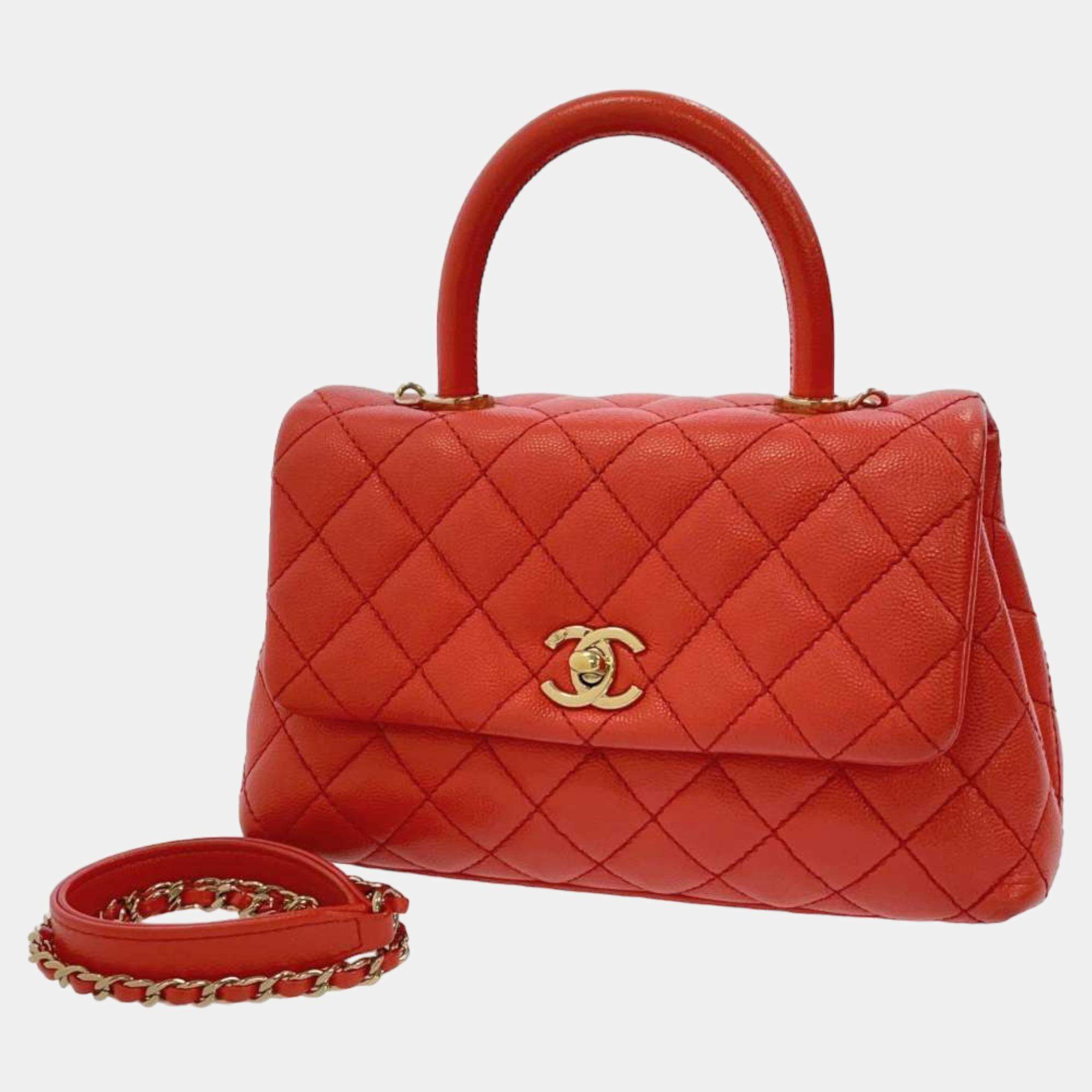 Chanel Red Caviar Leather Coco Top Handle Bag Chanel