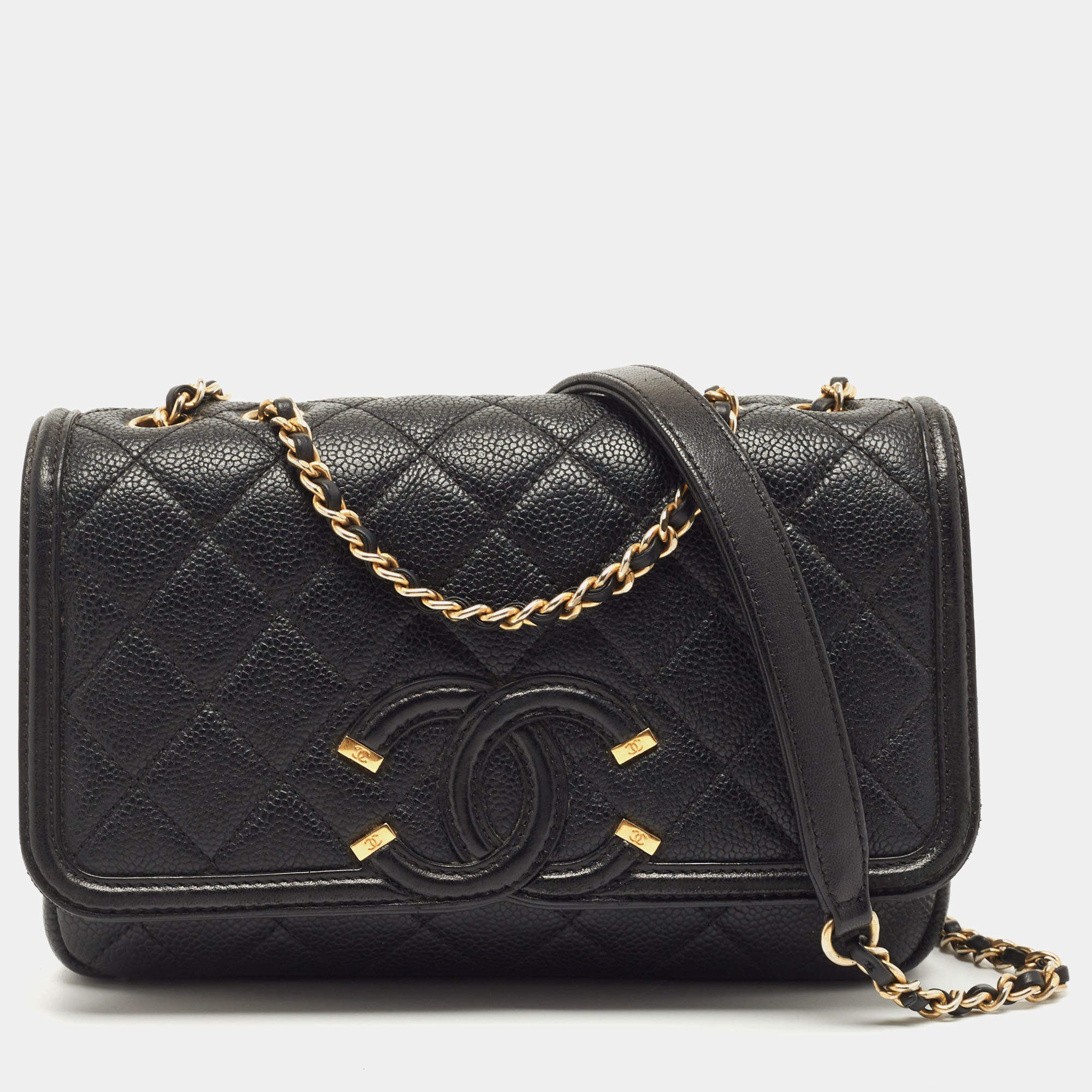 Pre Owned Chanel Black Quilted Caviar Leather Small CC Filigree Flap Bag