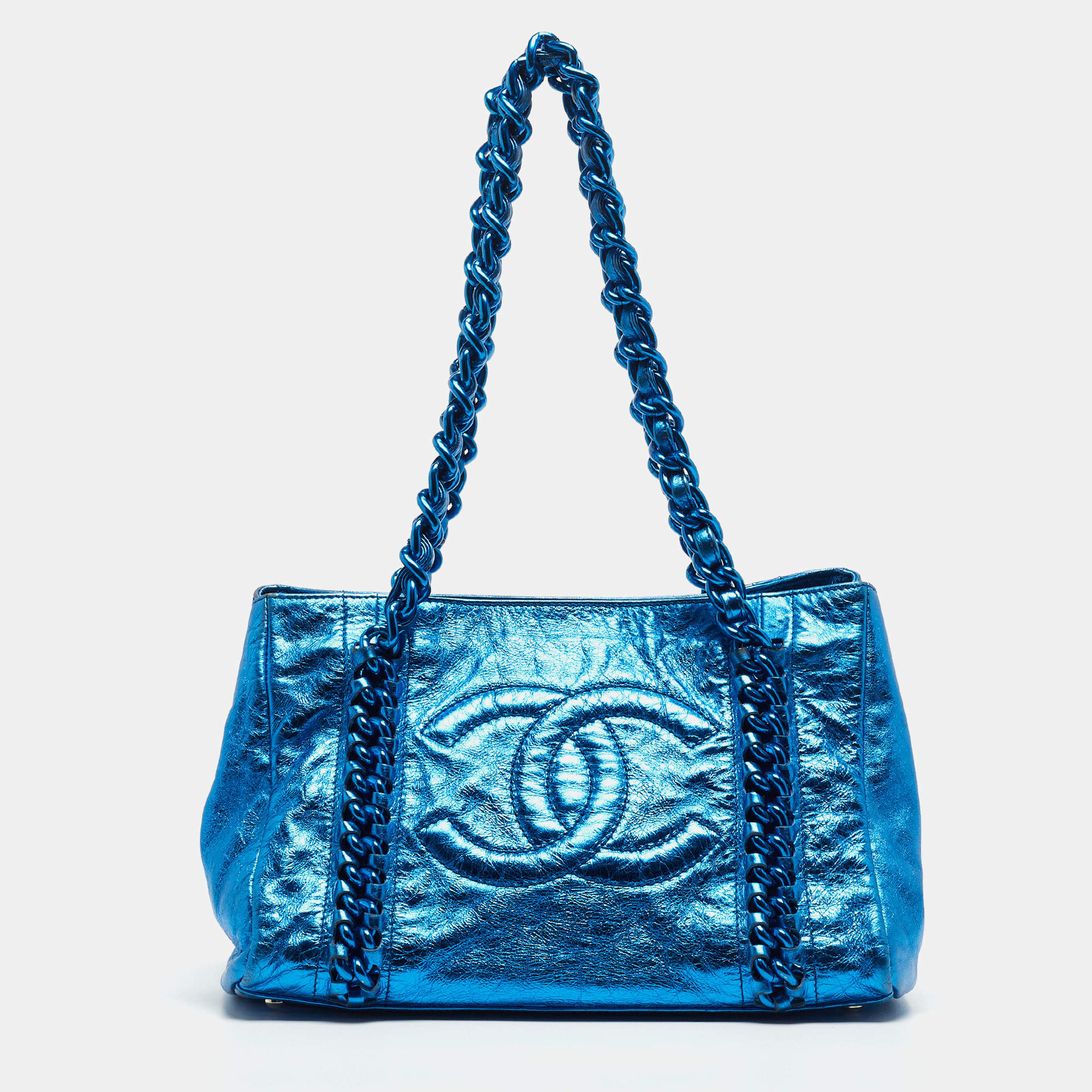 Pre Owned Chanel Metallic Blue Leather Modern Chain Tote