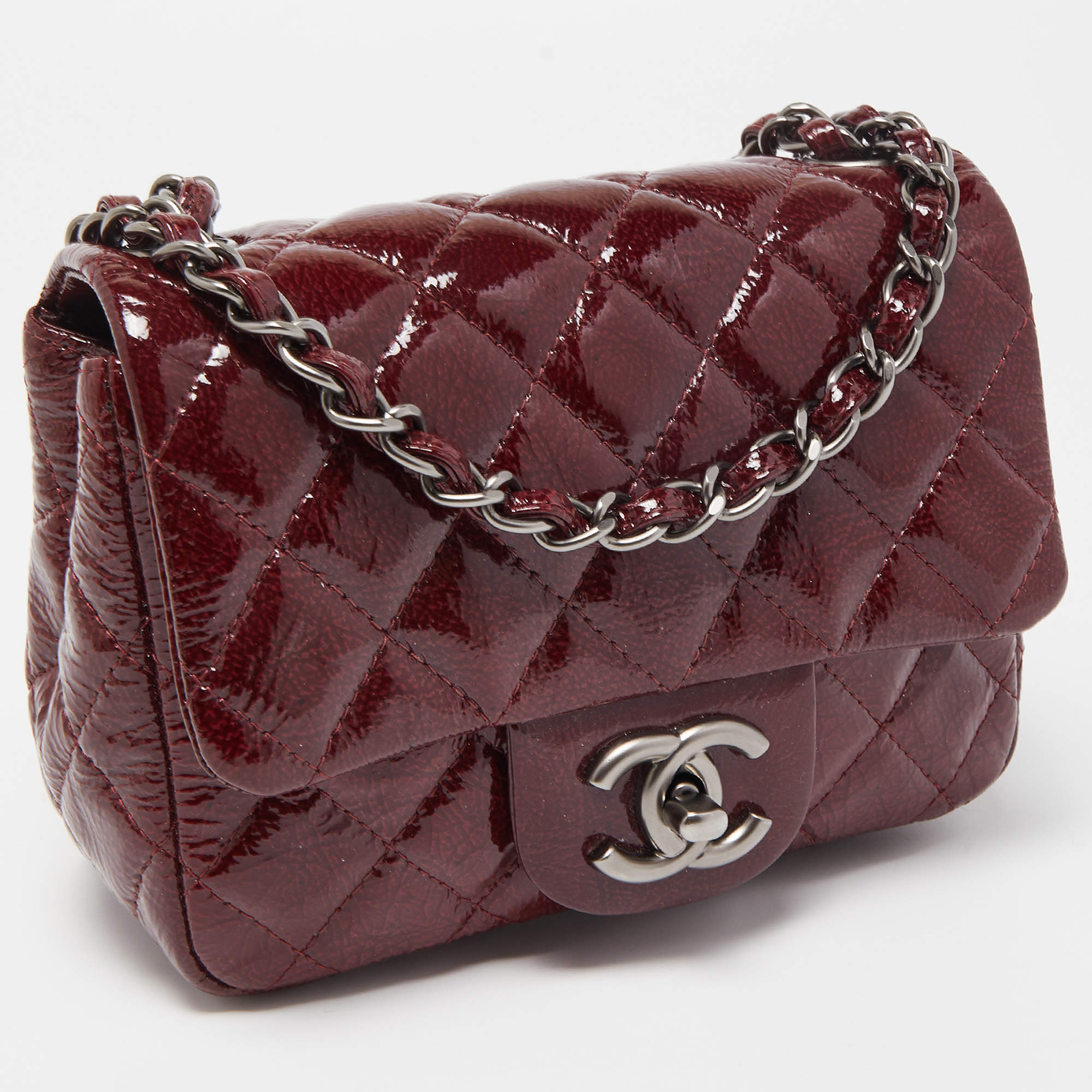Chanel Red Quilted Patent Leather Mini Square Classic Flap Bag