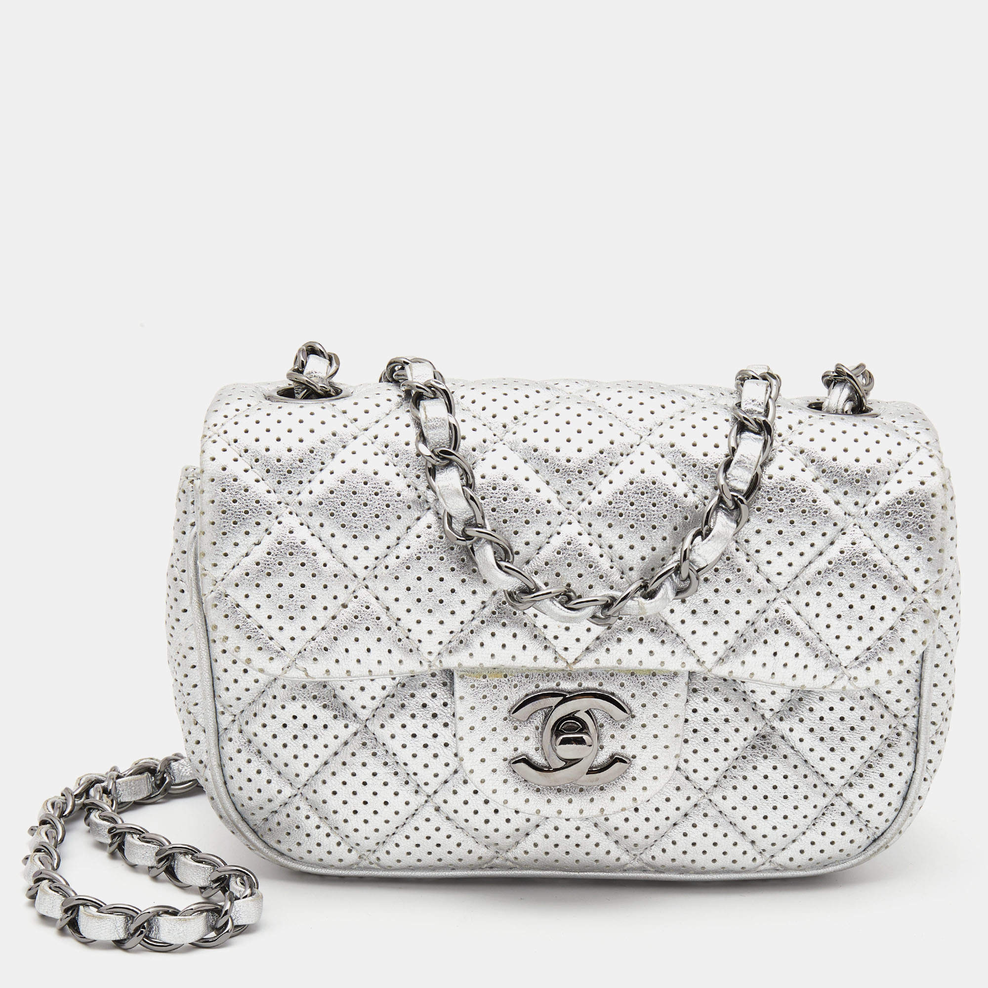 Pre Owned Chanel Silver Perforated Quilted Leather Mini CC Square Flap Bag 