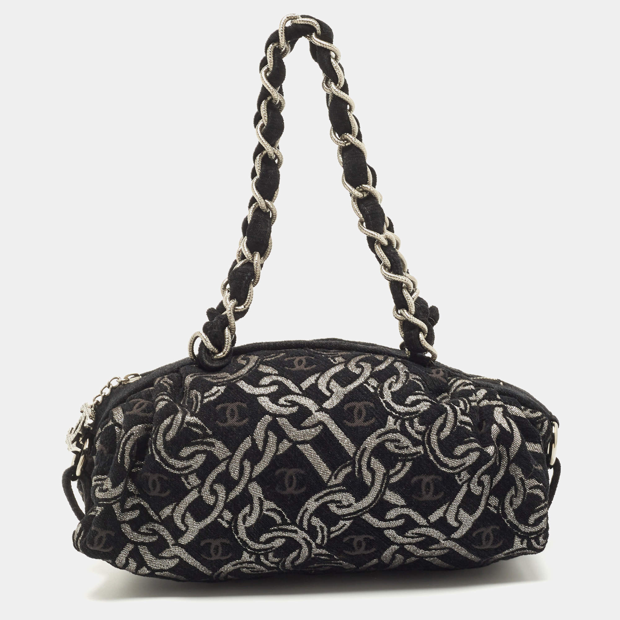 Chanel Black/Silver Chain Link Print Fabric CC Satchel