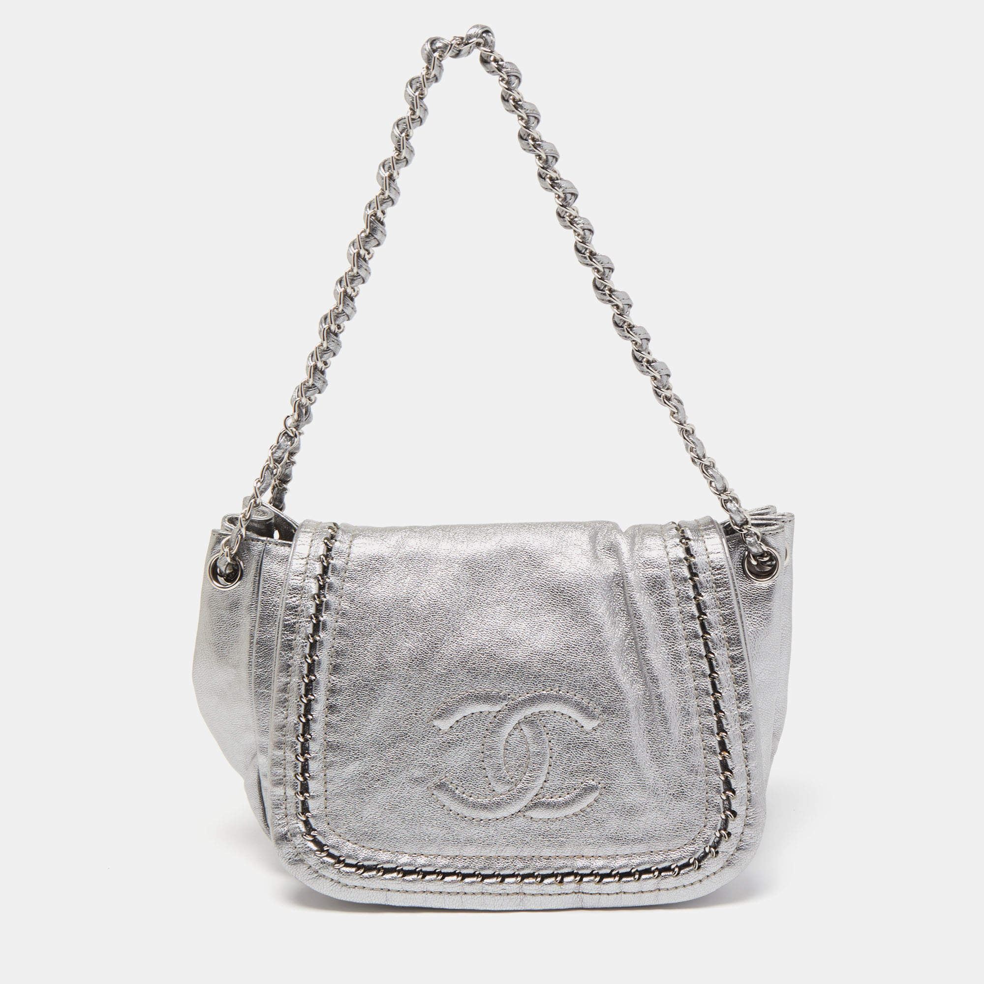 Chanel Silver Leather Luxe Ligne Accordion Flap Bag