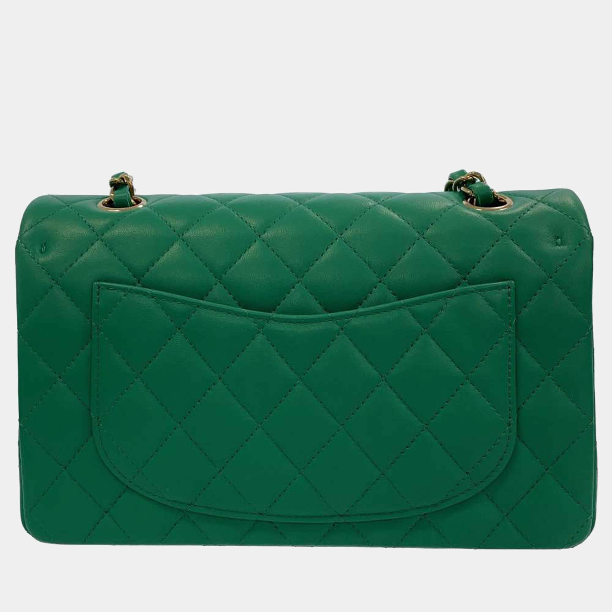 Chanel Green Lambskin Leather Small Classic Double Flap Shoulder