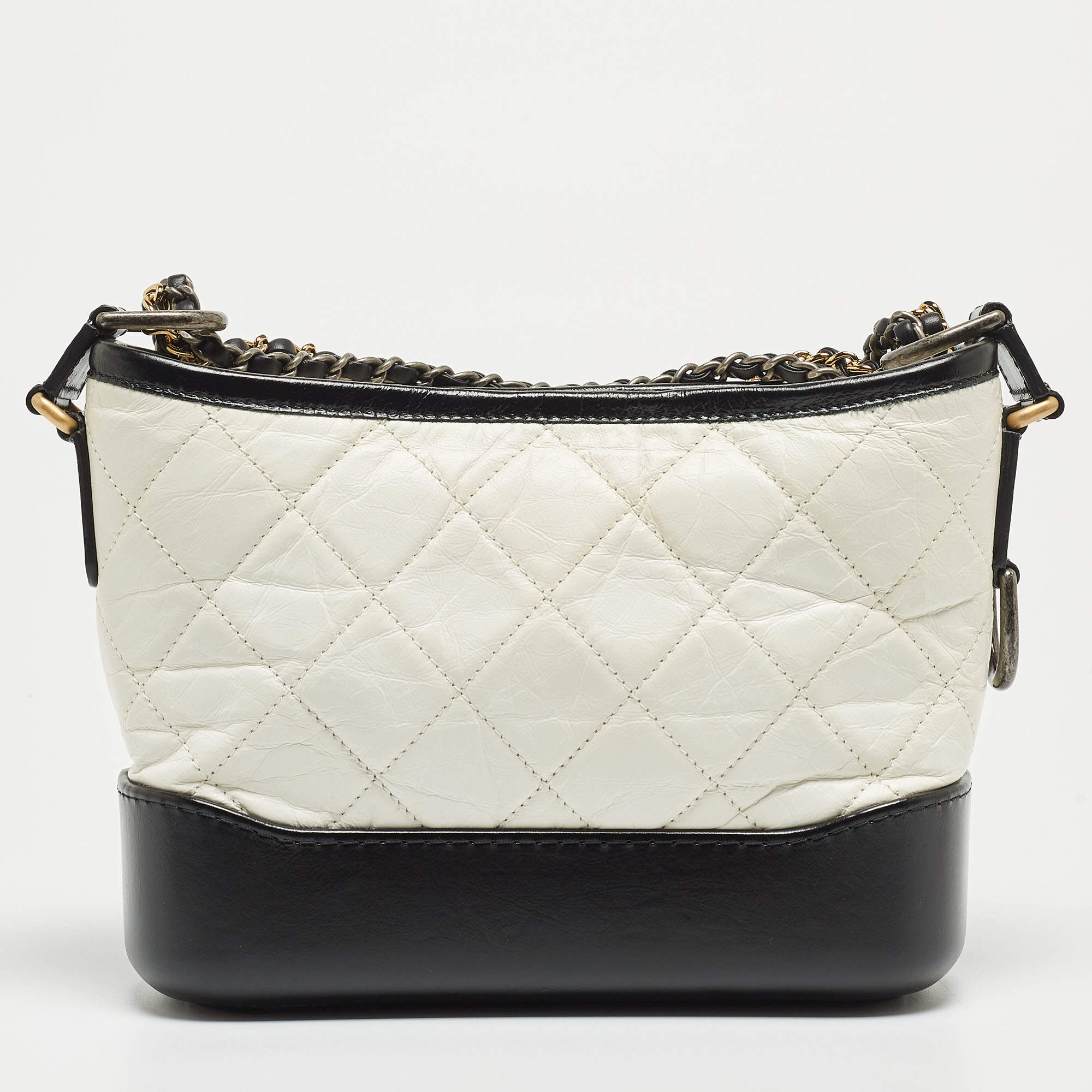 CHANEL Aged Calfskin Quilted Small Gabrielle Hobo Black White 1269968