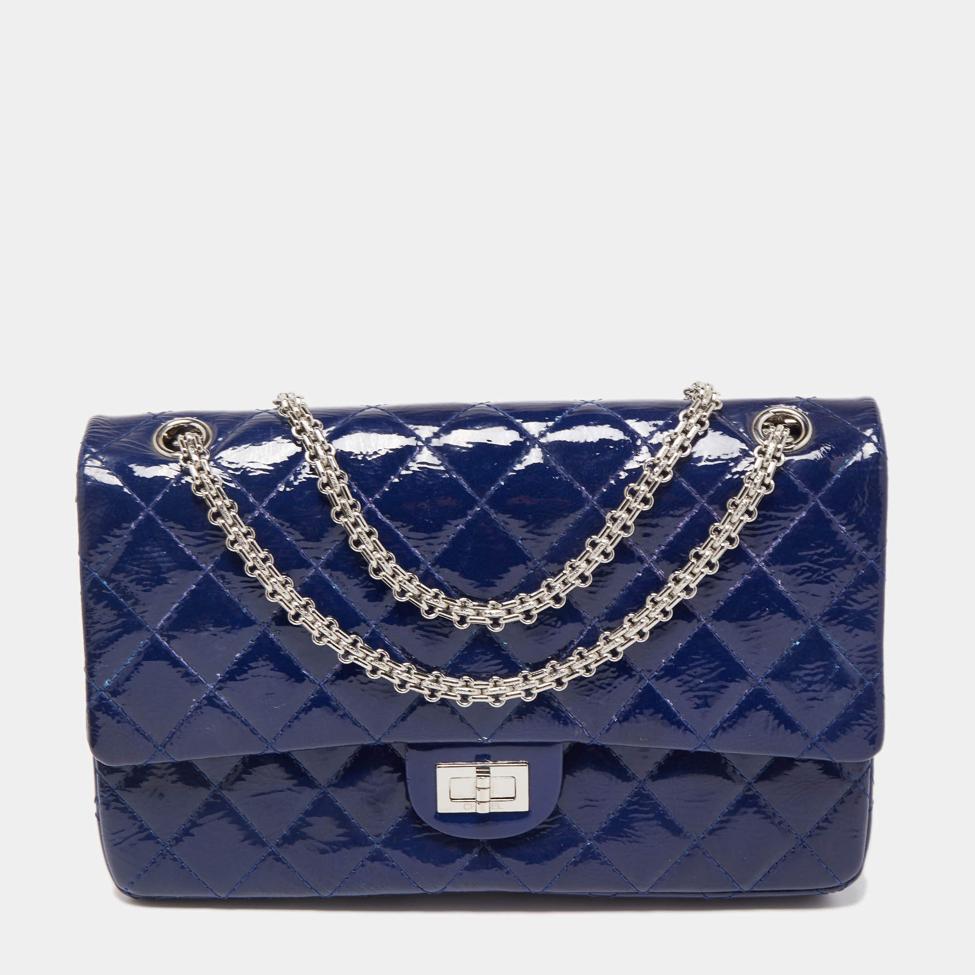 Pre Owned Chanel Blue Quilted Patent Leather Reissue 2.55 Classic 226 Flap Bag