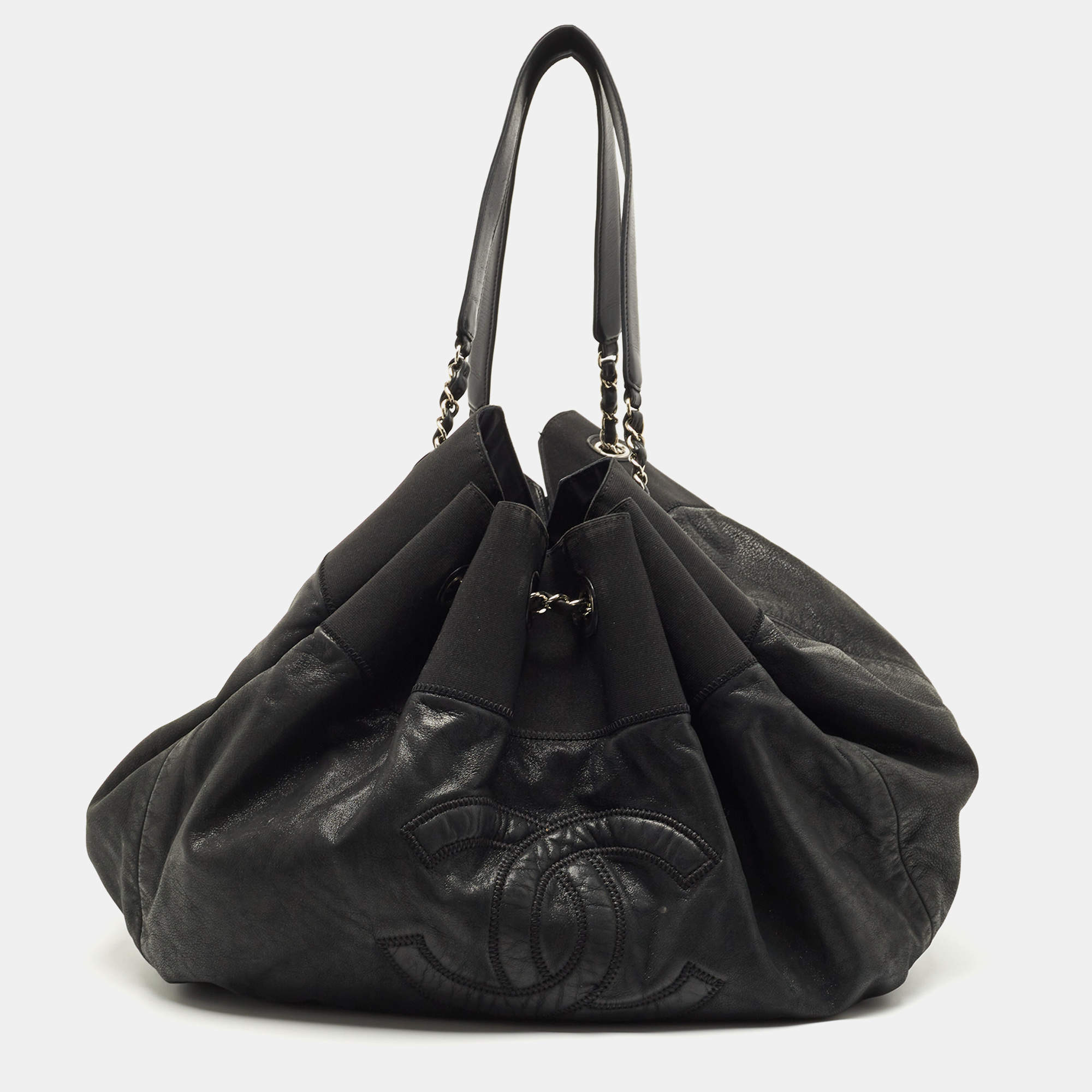 Pre Owned Chanel Black Iridescent Leather and Fabric CC Coco Cabas Hobo