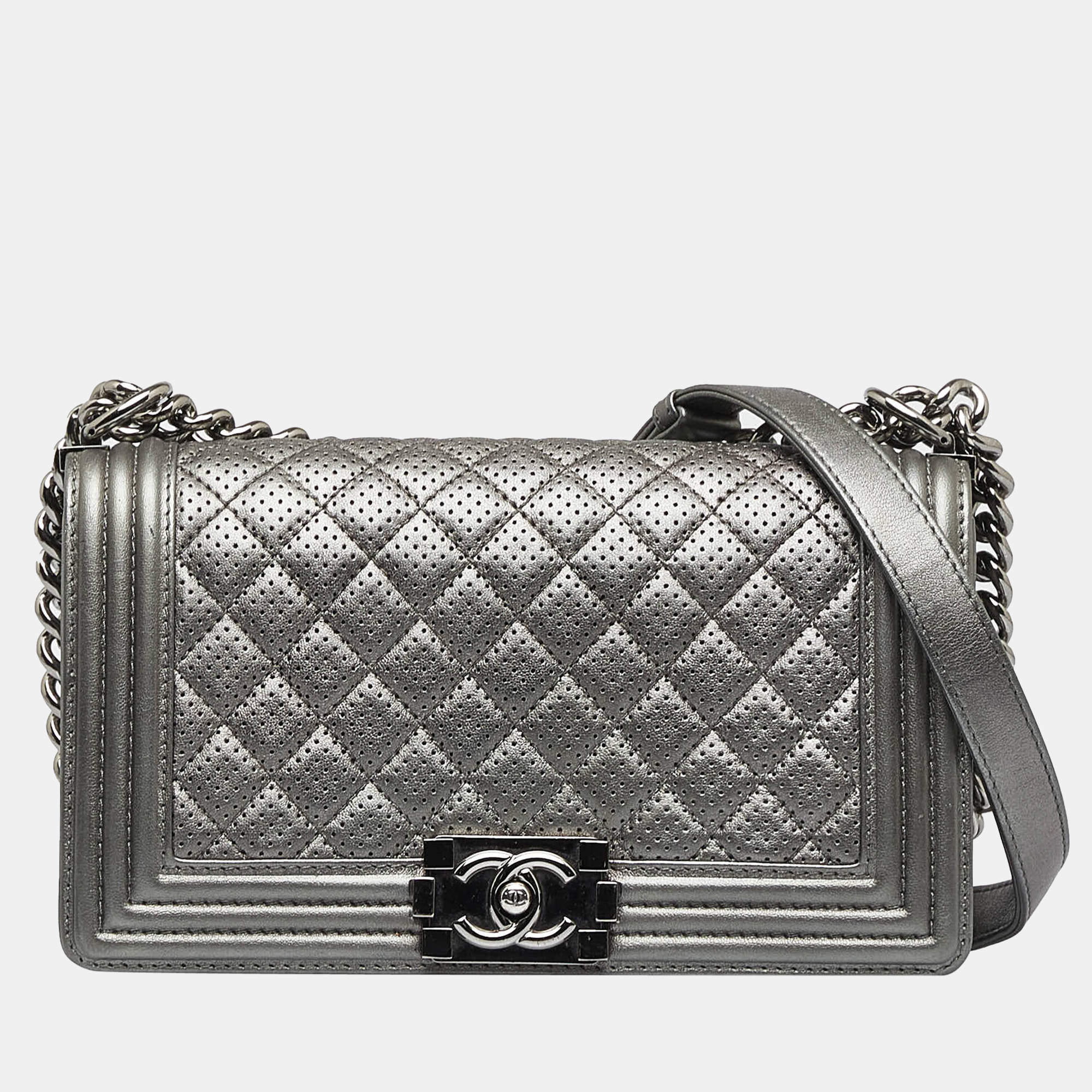 Pre Owned Chanel Silver Medium Perforated Lambskin Boy Flap