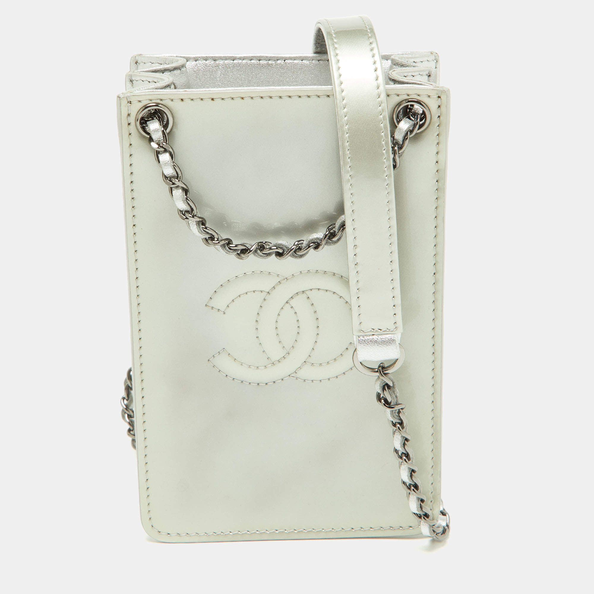 Pre Owned Chanel Silver Patent and Leather CC Phone Holder Crossbody Bag